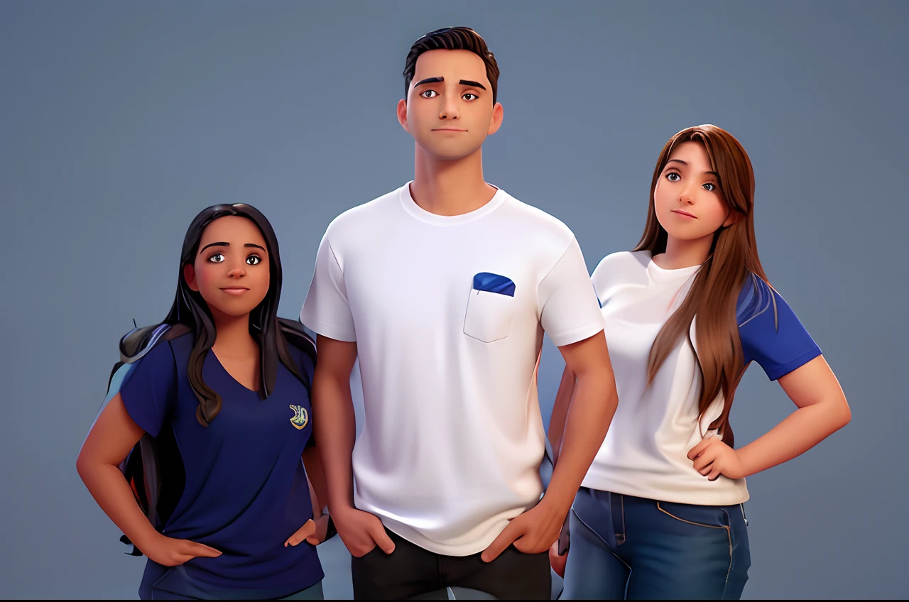 Three people wearing the same navy blue t-shirt, black pants, standing next to each other in front of a white background, imagem de perfil, Directed by: Luis Miranda, adreas rocha, Photographic Marketing, adulto, by Amelia Peláez, imagem frontal, zigor samaniego, Directed by: Samuel Silva, Directed by: Nandor Soldier, Family photo, 1614572159, Alex Flores