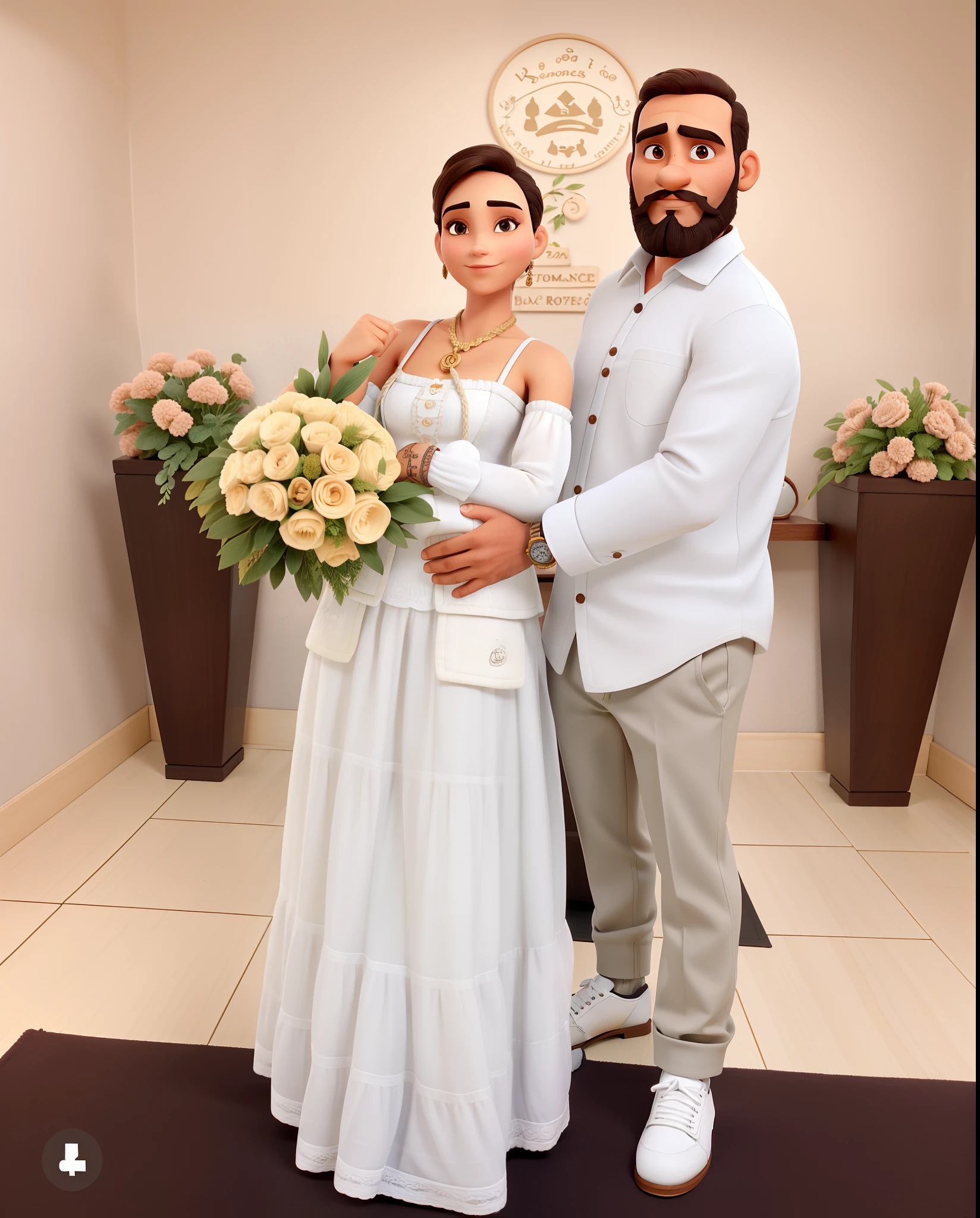 Homem com barba preta, careca e roupa branca, mulher com roupa branca, alta resolução, Keep the resemblance of the clothes in the photo