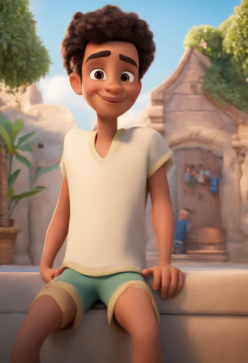 Poster 3D inspirado na Disney/Pixar capturing a scene with the title "Vitor" um garoto de 14 anos com pouca barba que se concentra apenas em seu queixo de remendo a alma, cabelo desbotado de navalha preta, camisa branca, Short white shorts and a white sneaker with concealer symbol.
