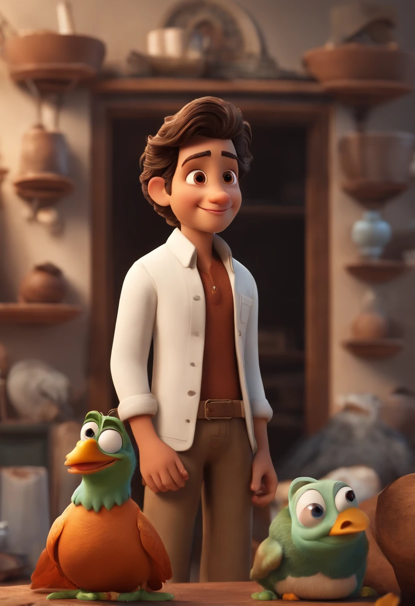Poster 3D inspirado na Disney/Pixar capturing a scene with the title "Vitor" um garoto de 14 anos com pouca barba que se concentra apenas em seu queixo de remendo a alma, cabelo desbotado de navalha preta, camisa branca, Short white shorts and a white sneaker with concealer symbol.