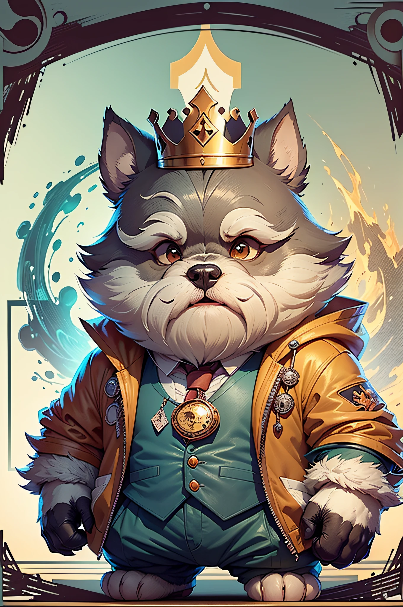 （A man with a dignified beard dressed as the King of Cards）comic strip、Anthropomorphic Schnauzer Dog、The background is a frame of playing cards, 13