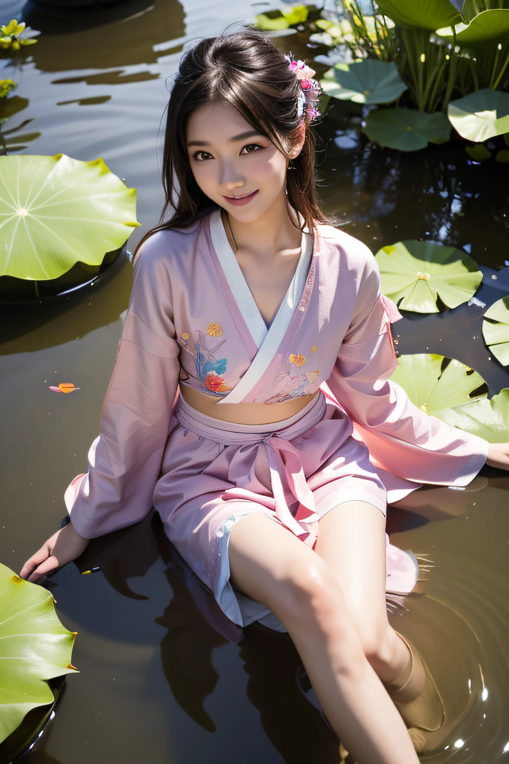 absurderes, hight resolution, ultra-detailliert, (1girl in:1.3), handdraw, Simple line,  girl in colorful han clothes, a sexy girl, In the lotus pond, masutepiece, sitting in water, Floating clothes, Floating hair、((Body Portrait))、a smile