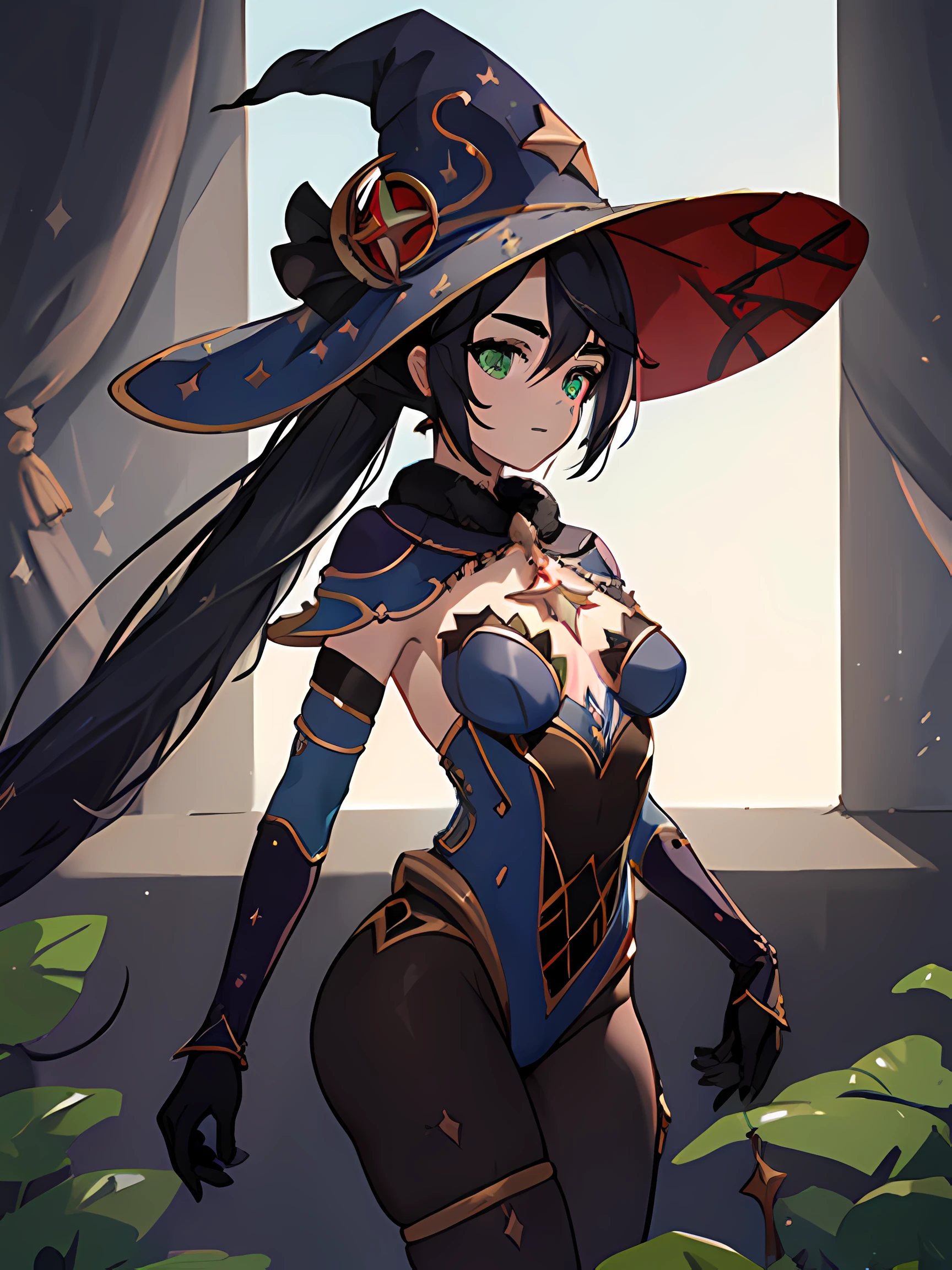 ((Detalle extremo)),(Ultra detallado),(pintura), claroscuro, fondo de pantalla CG 8k extremadamente detallado, La mejor calidad, Obra maestra, Gimona, sombrero de bruja, bodystocking, gargantilla, cinta para el cabello, arete, Capelet Mirando al espectador, brillo, Destello de lente, rayos de luz, destellar, ocean, horizonte, Disparo de vaquero, Fondo de cielo nublado,