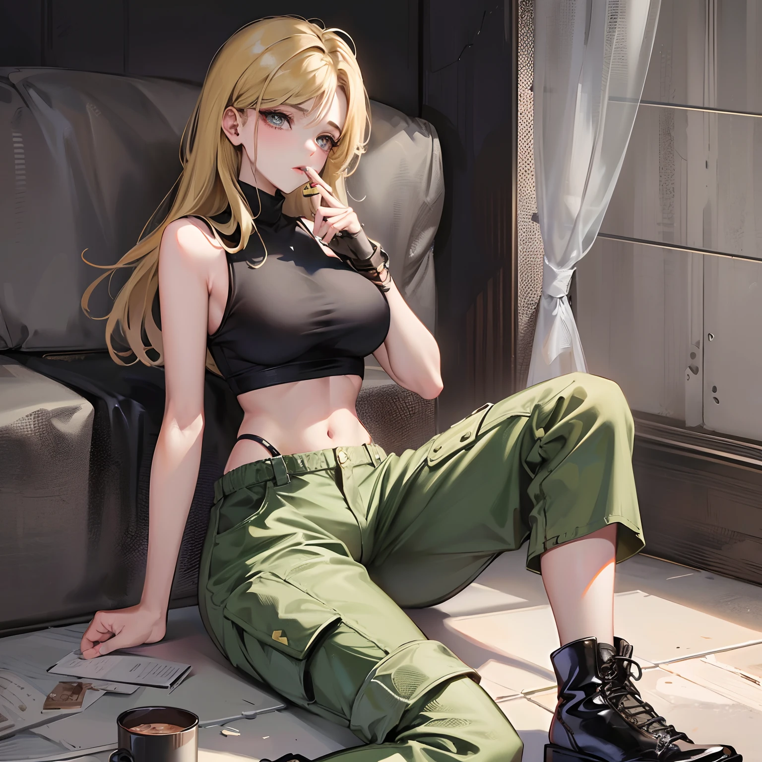 Photorealistic photos,best qualityer,A masterpiece in the Japanese style:enviroment:the night,the street,Graffiti on alleys and walls,neonlight,Young brunette hair,in her 20s,Brown eyes,big earrings,Silver short bob hair,perfect body figure,Slender buttocks, bare breasts, brown nipples exposed,Add a piercing to your belly button,Loose military pattern camouflage pants open to reveal black underwear,White sneakers,Naughty smile,light make-up,Hip-hop pose,Added a stray black cat