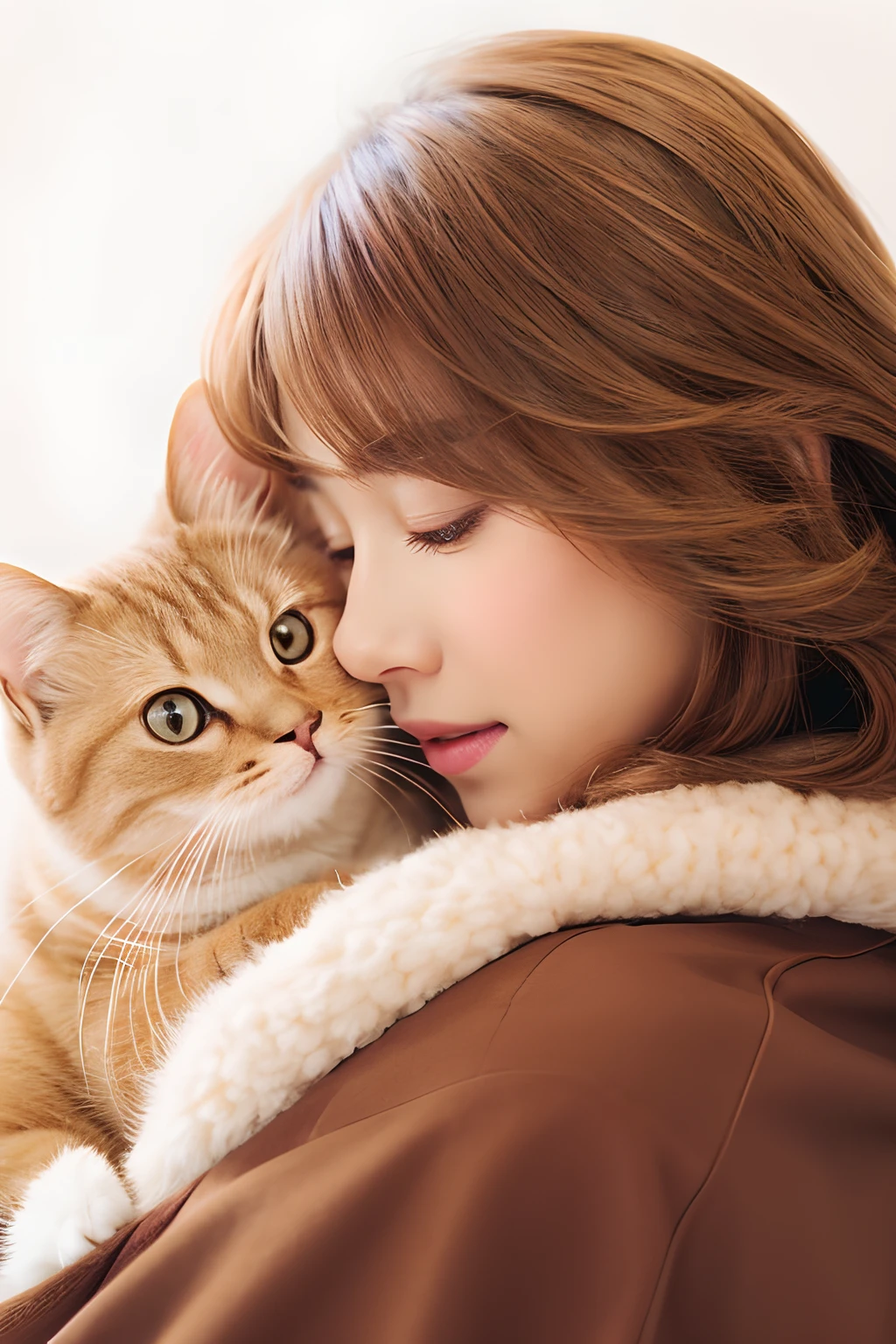 White background、No text、femele、The color used is gold、pink there、Brown is the main color、Warm illustration style、The ends of the woman's hair are curled、Cuddling a brown cat