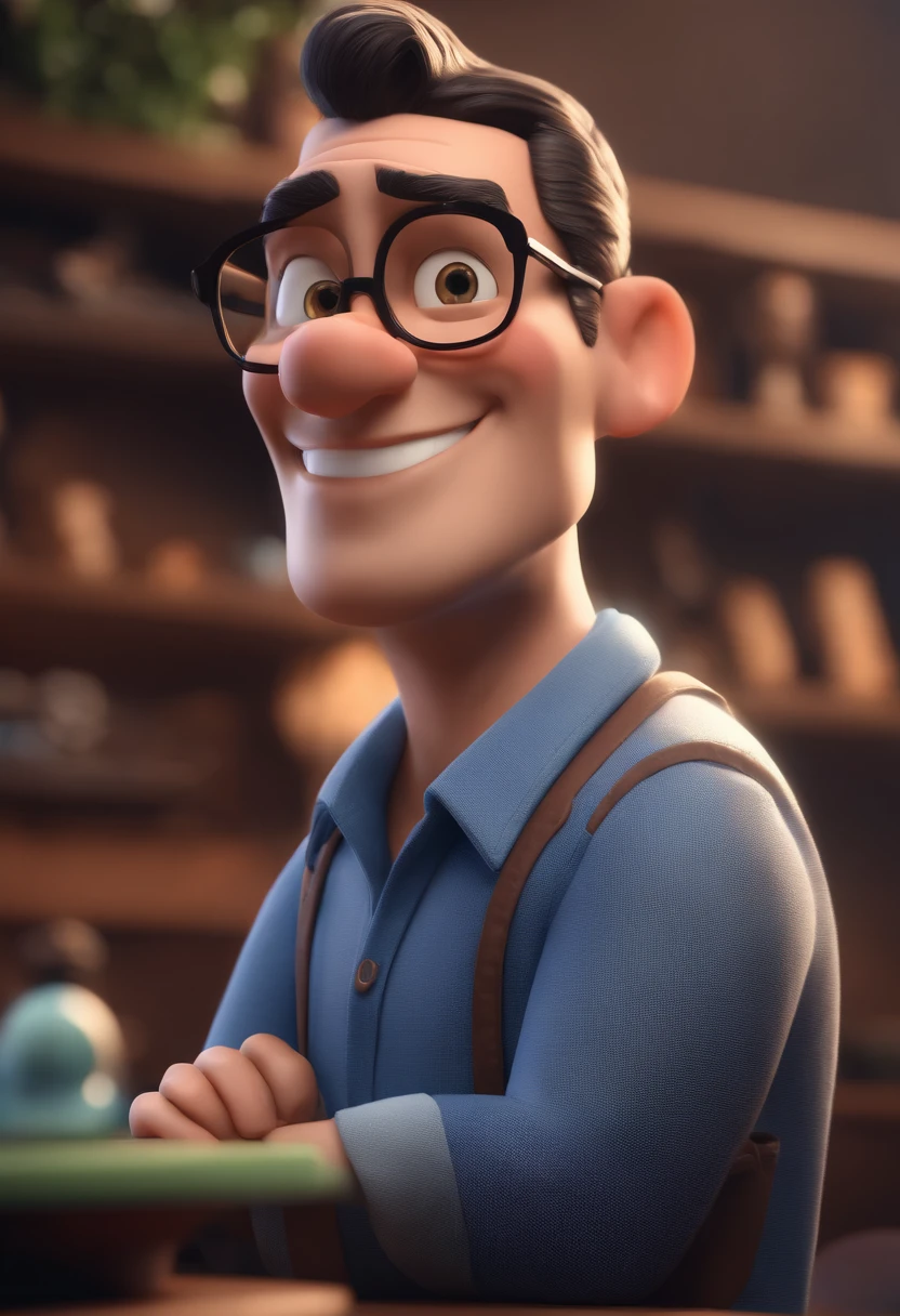 Cartoon character of a man with black glasses and a blue shirt, animation character, Caractere estilizado, animation style rendering, 3D estilizado, Arnold Maya render, 3 d render stylized, toon render keyshot, Personagem 3D, Personagem 3D, 3d rendering stylized, 3 d character render, personagem de desenho animado, Personagem de close up, Pose de personagem, (Estilo Pixar) (master part:1.2) (Bokeh) (best quality) (pele detalhada) (textura detalhada) (8k) (argila) (Cinematic lighting) (foco nítido