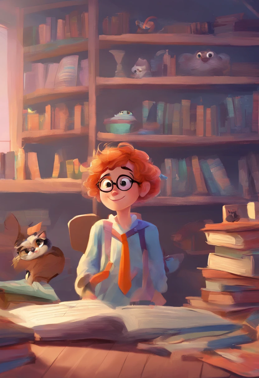 create a Disney Pixar-style character with the following characteristics in Atelier with Books Two Kittens, malhado e tigrado