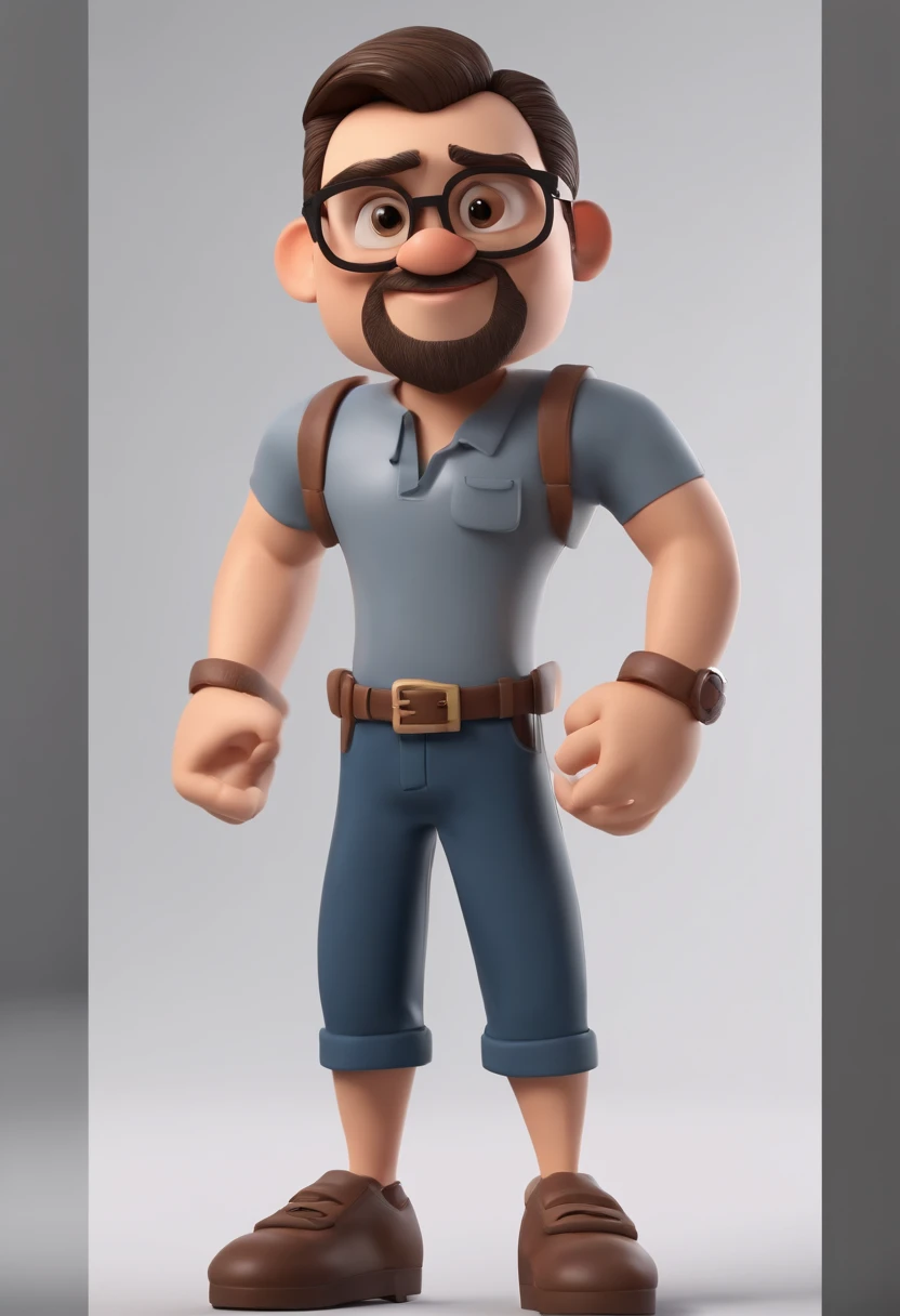 Cartoon character of a man with black glasses and a black polo shirt, cabelo liso, With beard and old school tattoo on his arm, animation character, Caractere estilizado, animation style rendering, 3D estilizado, Arnold Maya render, 3 d render stylized, toon render keyshot, Personagem 3D, Personagem 3D, 3d rendering stylized, 3 d character render, personagem de desenho animado, Personagem de close up, Pose de personagem,  (Estilo Pixar) (master part:1.2) (Bokeh) (best quality) (pele detalhada) (textura detalhada) (8k) (argila) (Cinematic lighting) (foco nítido