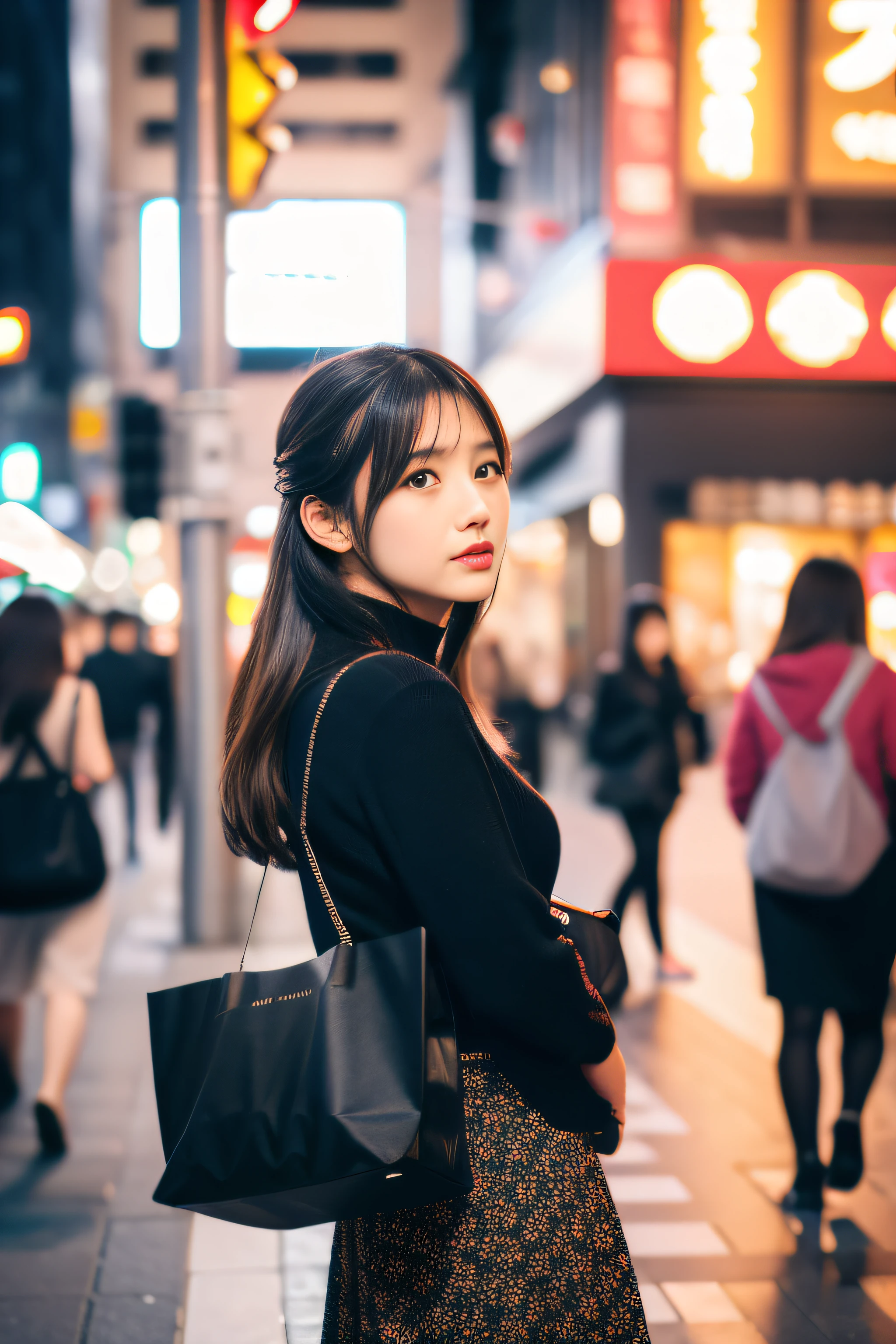 Full body, appointment、street corner、I had a smartphone、Face-to-face、Skirts and tops, Hot Girl, Shopping in the city, (masutepiece), Best Quality, High resolution, Extremely detailed, Blurred background, depth of fields, Cinematic lighting,