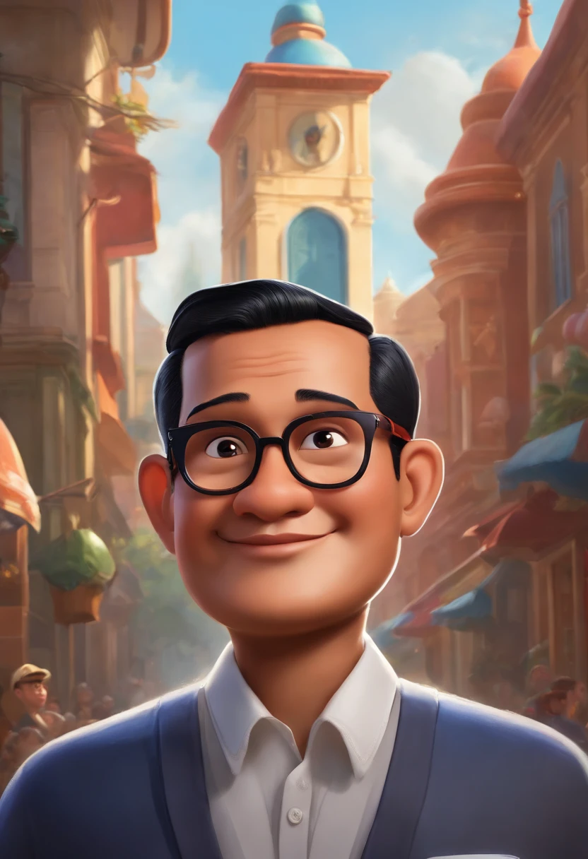 Mr. Prabowo Subijanto in the style inspired by Pixar animation, up close. The character takes center stage with captivating facial expressions, offering a touch of unreality