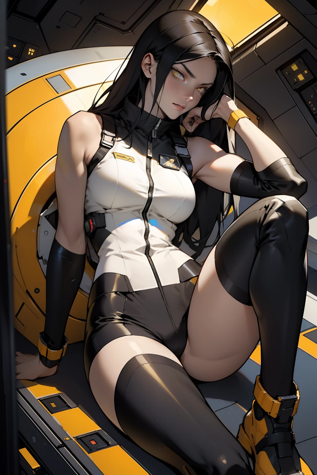 1 girl, black hair, yellow eyes, very long hair, pale skin, fit body, slender body, slim waist, large breasts, (confident expression), pilot suit, thigh gap, bare thighs, sleeveless, show bare legs, fit thighs, sitting in a cockpit of a spacecraft, view from the floor, legs apart