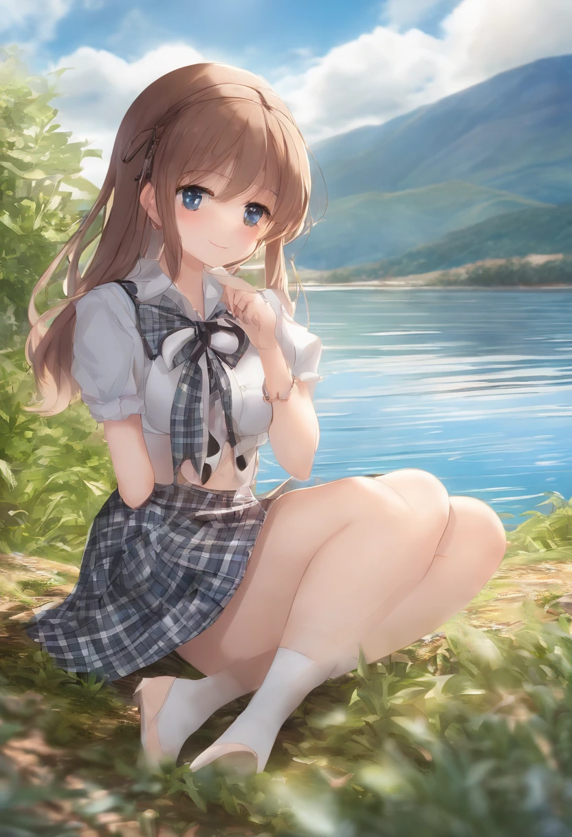 masterpiece, high quality best quality,1girl, bangs, beach, blue_sky, blush, bow, breasts, checkered, checkered_shirt, checkered_skirt, cloud, cloudy_sky, collarbone, day, envelope, giving, grass, hair_bow, heart, holding, holding_letter, horizon, incoming_gift, kazami_yuuka, leaning_forward, lens_flare, letter, light_rays, long_hair, looking_at_viewer, love_letter, mountain, mountainous_horizon, ocean, outdoors, plaid, plaid_background, plaid_bikini, plaid_bow, plaid_bowtie, plaid_bra, plaid_dress, plaid_headwear, plaid_jacket, plaid_legwear, plaid_necktie, plaid_neckwear, plaid_panties, plaid_pants, plaid_ribbon, plaid_scarf, plaid_shirt, plaid_skirt, plaid_vest, pov, shirt, skirt, sky, smile, solo, sun, sunbeam, sunlight, tree, unmoving_pattern