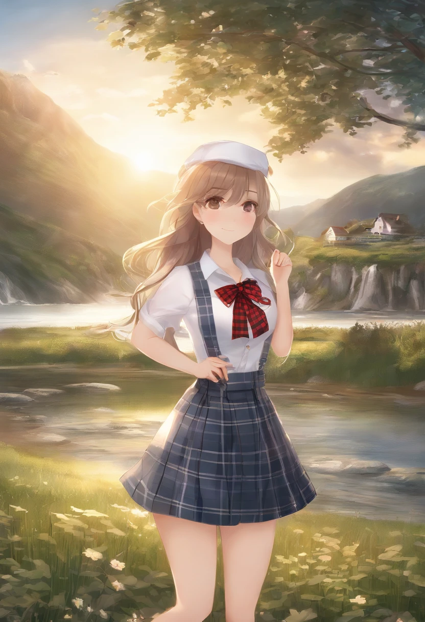 masterpiece, high quality best quality,1girl, bangs, beach, blue_sky, blush, bow, breasts, checkered, checkered_shirt, checkered_skirt, cloud, cloudy_sky, collarbone, day, envelope, giving, grass, hair_bow, heart, holding, holding_letter, horizon, incoming_gift, kazami_yuuka, leaning_forward, lens_flare, letter, light_rays, long_hair, looking_at_viewer, love_letter, mountain, mountainous_horizon, ocean, outdoors, plaid, plaid_background, plaid_bikini, plaid_bow, plaid_bowtie, plaid_bra, plaid_dress, plaid_headwear, plaid_jacket, plaid_legwear, plaid_necktie, plaid_neckwear, plaid_panties, plaid_pants, plaid_ribbon, plaid_scarf, plaid_shirt, plaid_skirt, plaid_vest, pov, shirt, skirt, sky, smile, solo, sun, sunbeam, sunlight, tree, unmoving_pattern