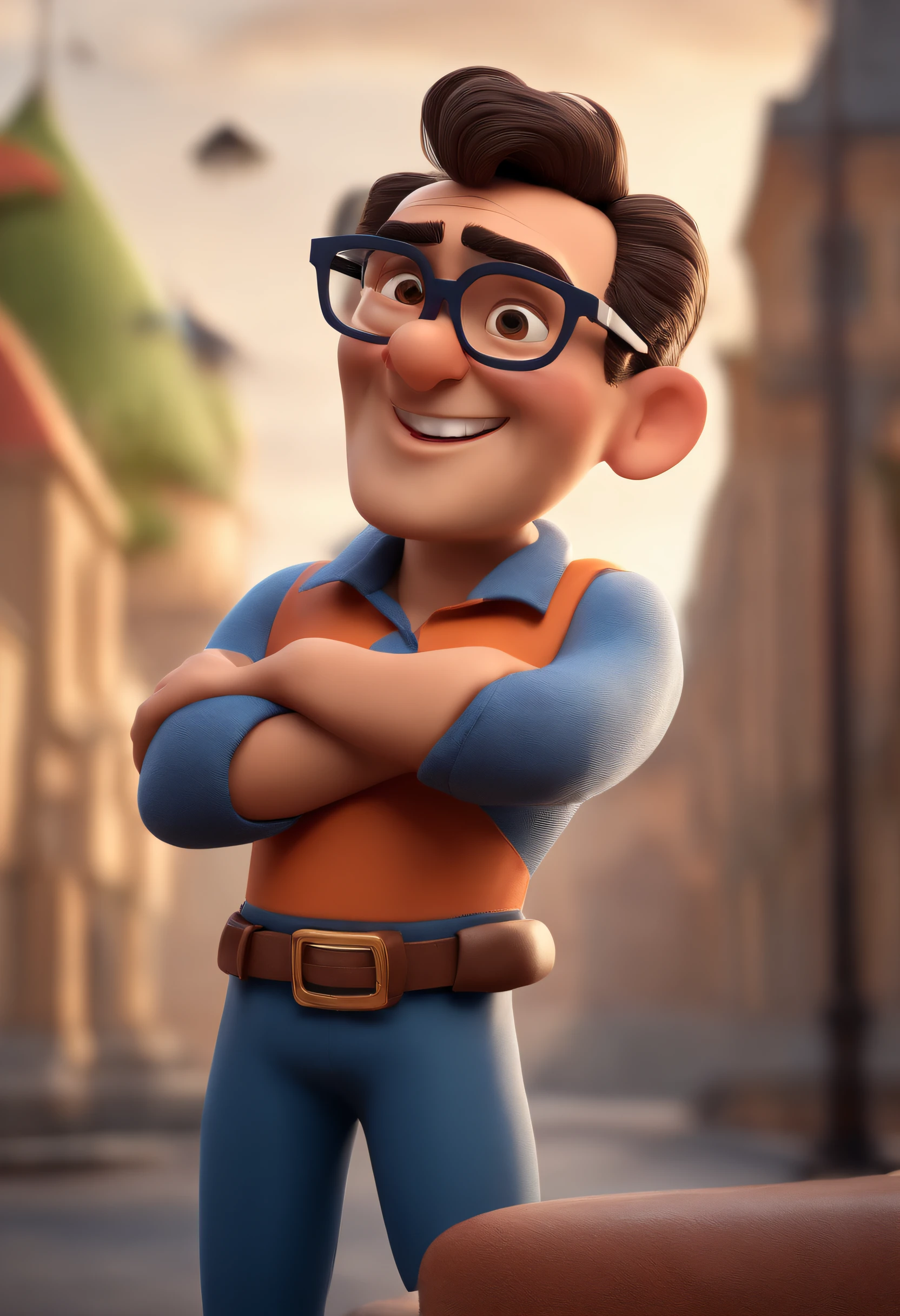 Cartoon character of a man with black glasses and a blue shirt, animation character, Caractere estilizado, animation style rendering, 3D estilizado, Arnold Maya render, 3 d render stylized, toon render keyshot, Personagem 3D, Personagem 3D, 3d rendering stylized, 3 d character render, personagem de desenho animado, Personagem de close up, Pose de personagem,  (Estilo Pixar) (master part:1.2) (Bokeh) (best quality) (pele detalhada) (textura detalhada) (8k) (argila) (Cinematic lighting) (foco nítido