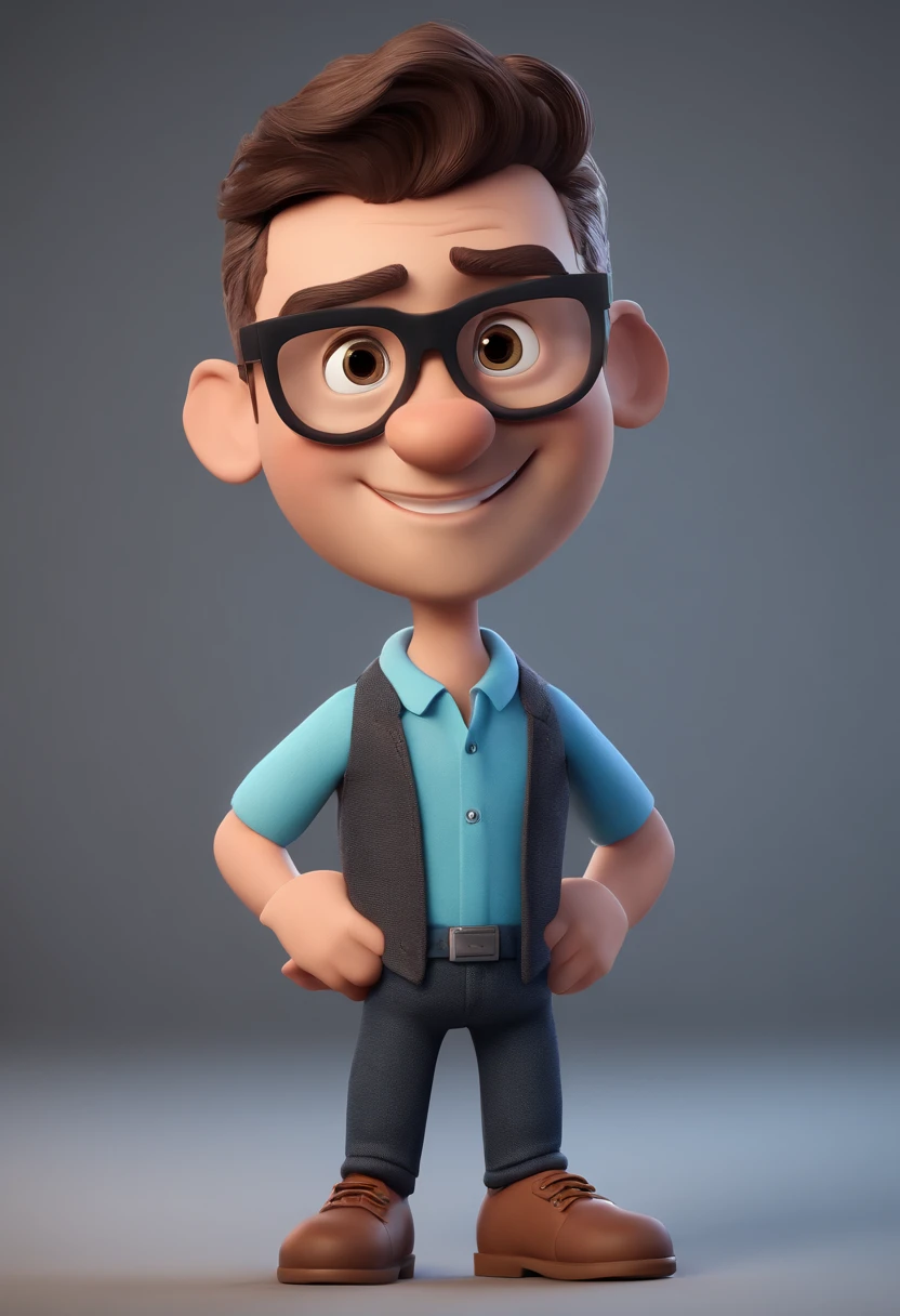 Cartoon character of a man with black glasses and a blue shirt, animation character, Caractere estilizado, animation style rendering, 3D estilizado, Arnold Maya render, 3 d render stylized, toon render keyshot, Personagem 3D, Personagem 3D, 3d rendering stylized, 3 d character render, personagem de desenho animado, Personagem de close up, Pose de personagem,  (Estilo Pixar) (master part:1.2) (Bokeh) (best quality) (pele detalhada) (textura detalhada) (8k) (argila) (Cinematic lighting) (foco nítido