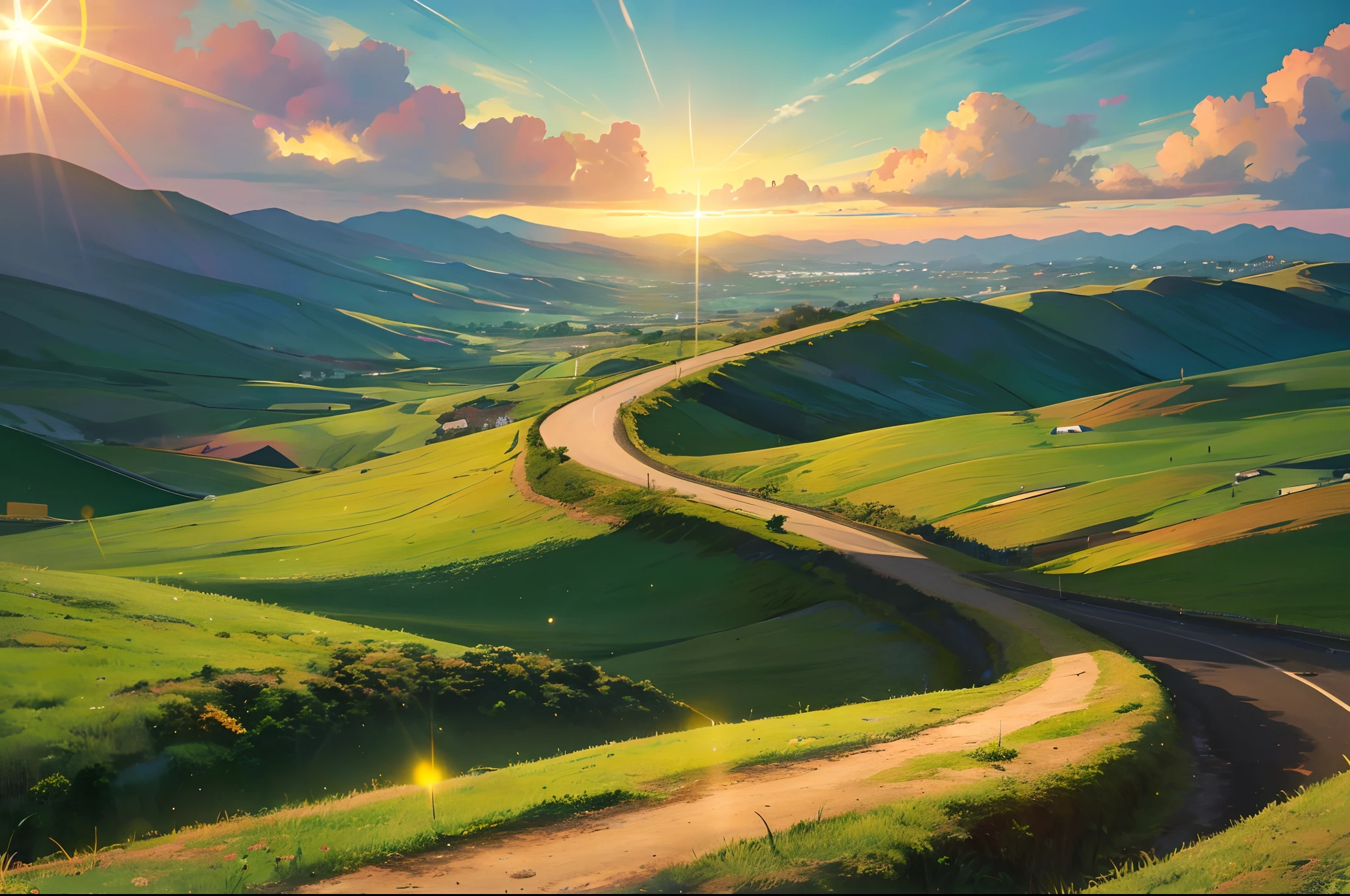 Imagem realista de uma estrada longa e sinuosa,Luz brilhante que leva ao horizonte,bright morning,raios solares