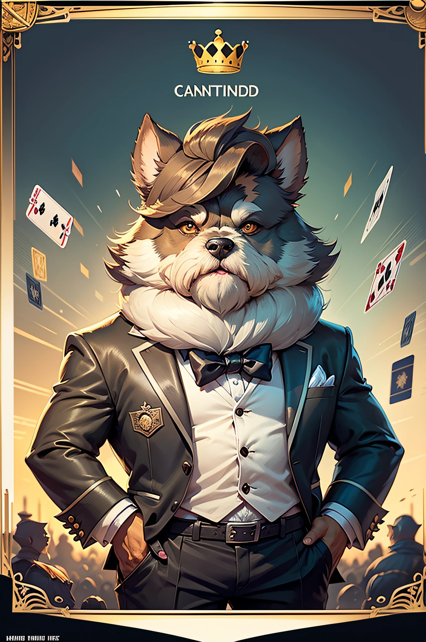 (A man with a dignified beard dressed as the King of Cards)comic strip、Anthropomorphic Schnauzer Dog、The background is a frame of playing cards, 13