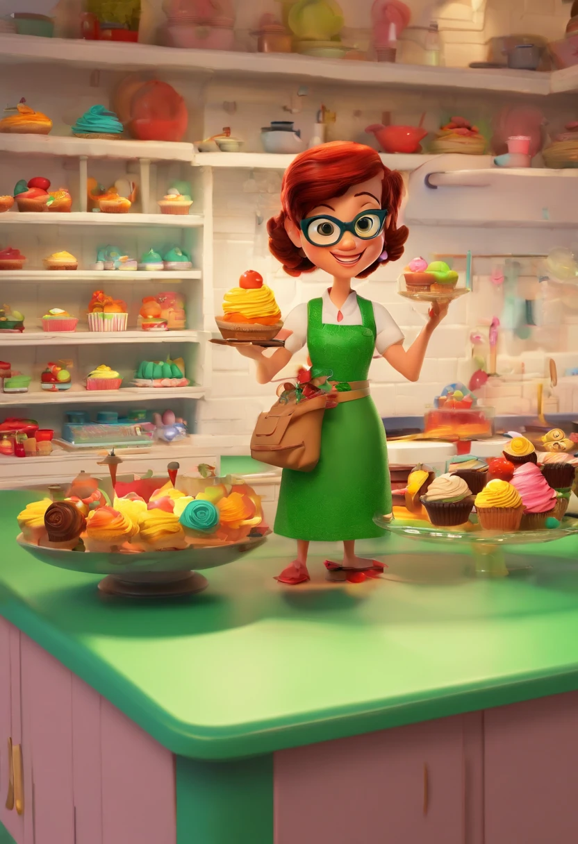 Uma cena inspirada na Disney Pixar,  Mulher 36 anos, com avental VERDE, written NANA and a small ladybug brooch. cabelos ondulados e pretos, olhos castanhos escuros, Wearing green glasses. Em uma bela cozinha, Candy jars on shelves behind, she's at the countertop making Christmas cupcakes , no lado uma  batedeira vermelha kitchenaid. A cena deve seguir o estilo de arte digital da Pixar, Focus on character expressions, cores vibrantes e texturas detalhadas.