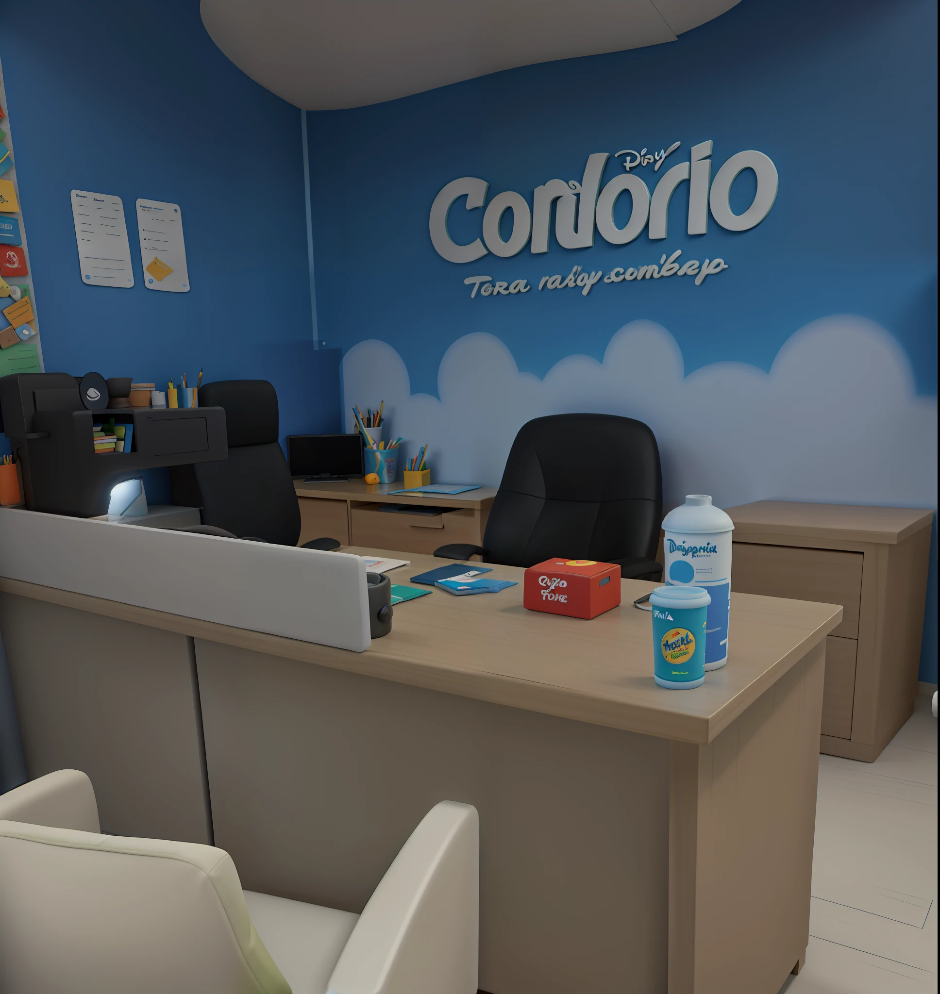 Mesa de trabalho, na frete de uma parede, contendo a logomarca, no estilo Disney Pixar, alta qualidade