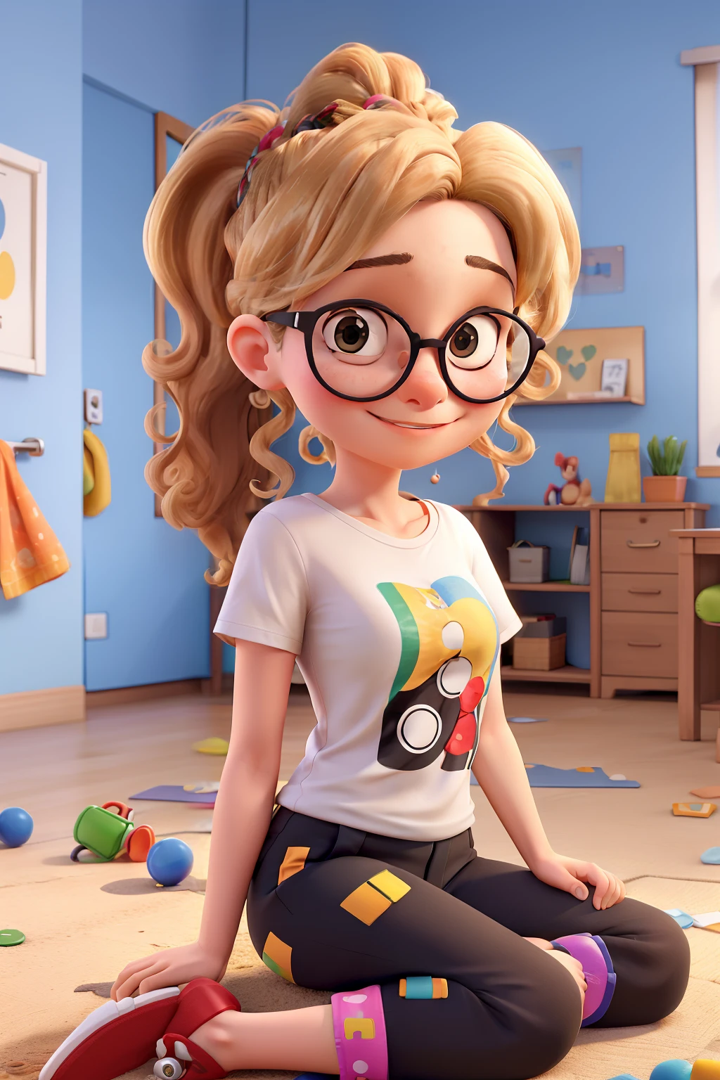 Woman psychologist with curly blonde hair ponytail, bespectacled, T-shirt with colorful print of puzzle pieces autism symbol and black pants, sitting on ground, Brinquedos, children around, sala colorida