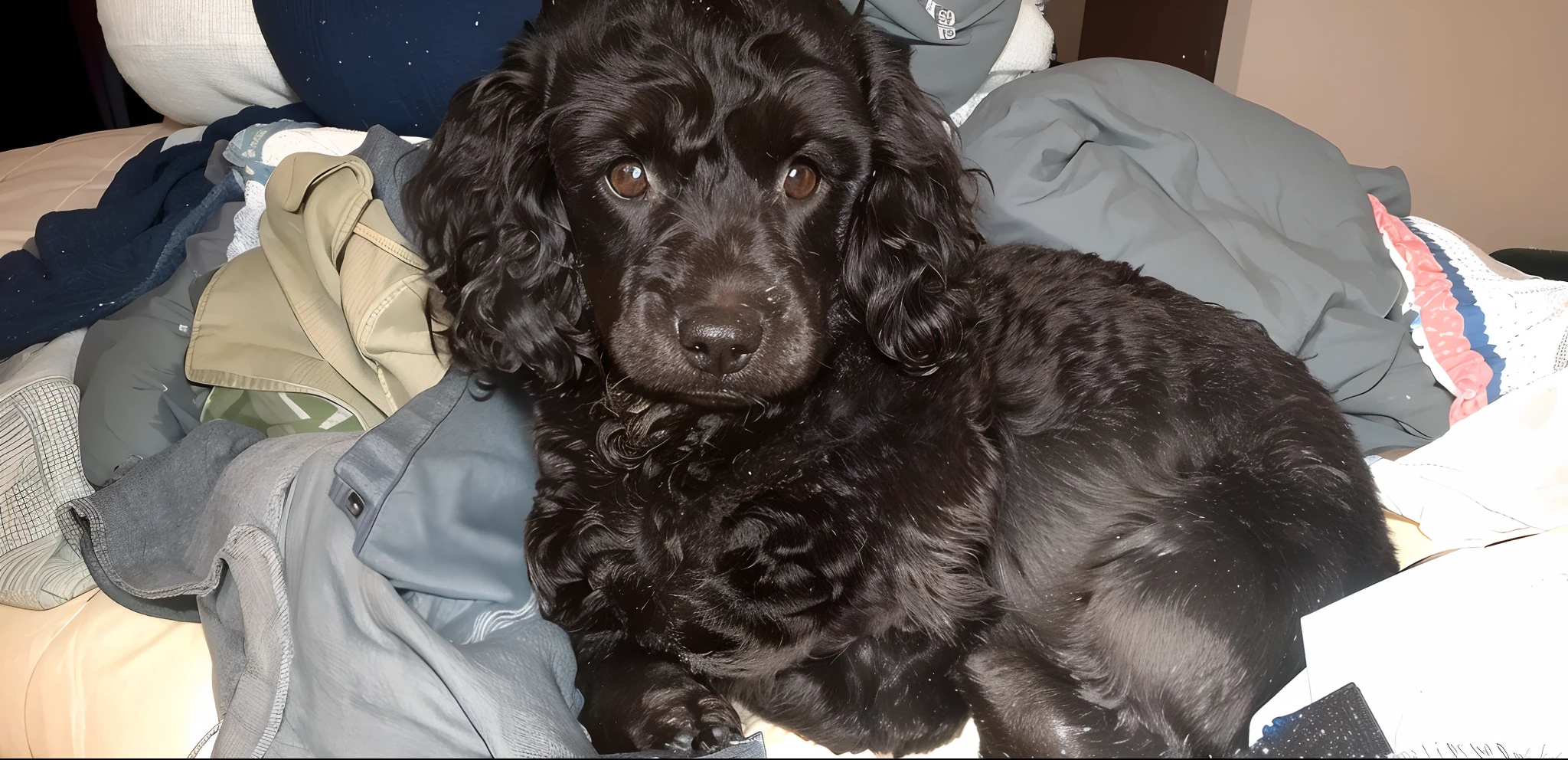There's a black dog that's lying on a bed, muito bobo olhando, muito bonito, muito alto detalhamento, muito muito detalhado, muito muito muito detalhado, circunstanciado!!, Very detailed!, olhando para a sua esquerda, ela tem cerca de 1 6 anos de idade, altamente detalhado!, olhar orgulhoso, !!altamente detalhado!!, Looking towards the camera, altamente detalhado!!