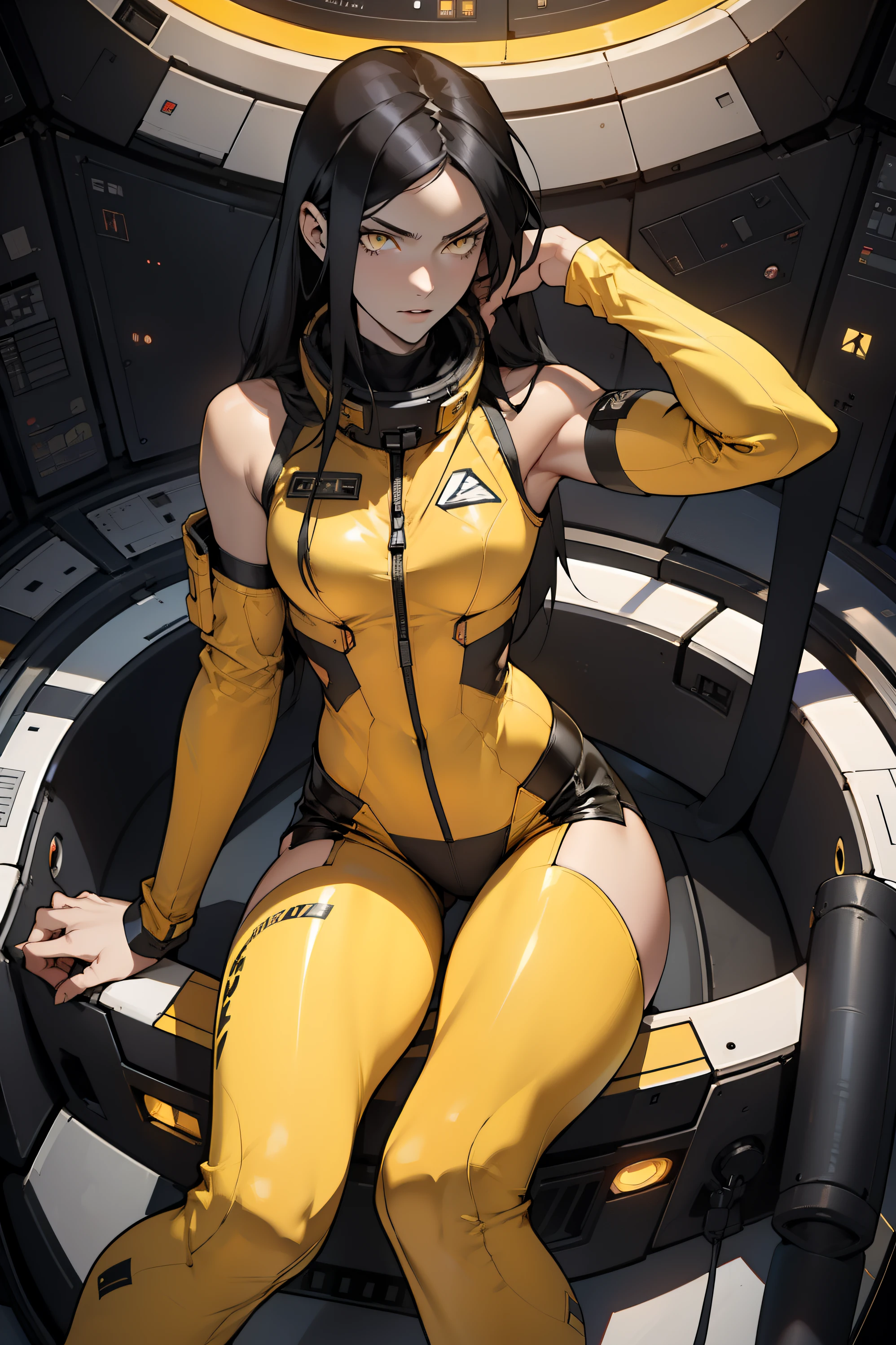 1 girl, black hair, yellow eyes, very long hair, pale skin, fit body, slender body, slim waist, large breasts, (confident expression), pilot suit, thigh gap, bare thighs, sleeveless, show bare legs, fit thighs, sitting in a cockpit of a spacecraft, view from the floor, legs apart