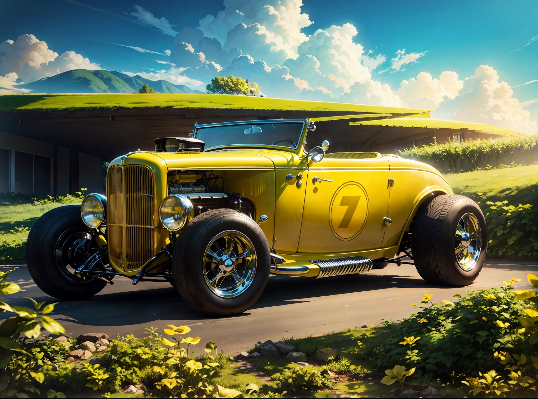 Beautiful yellow 1932 Ford car in front of a lawn surrounded by greenery and a blue sky in the background