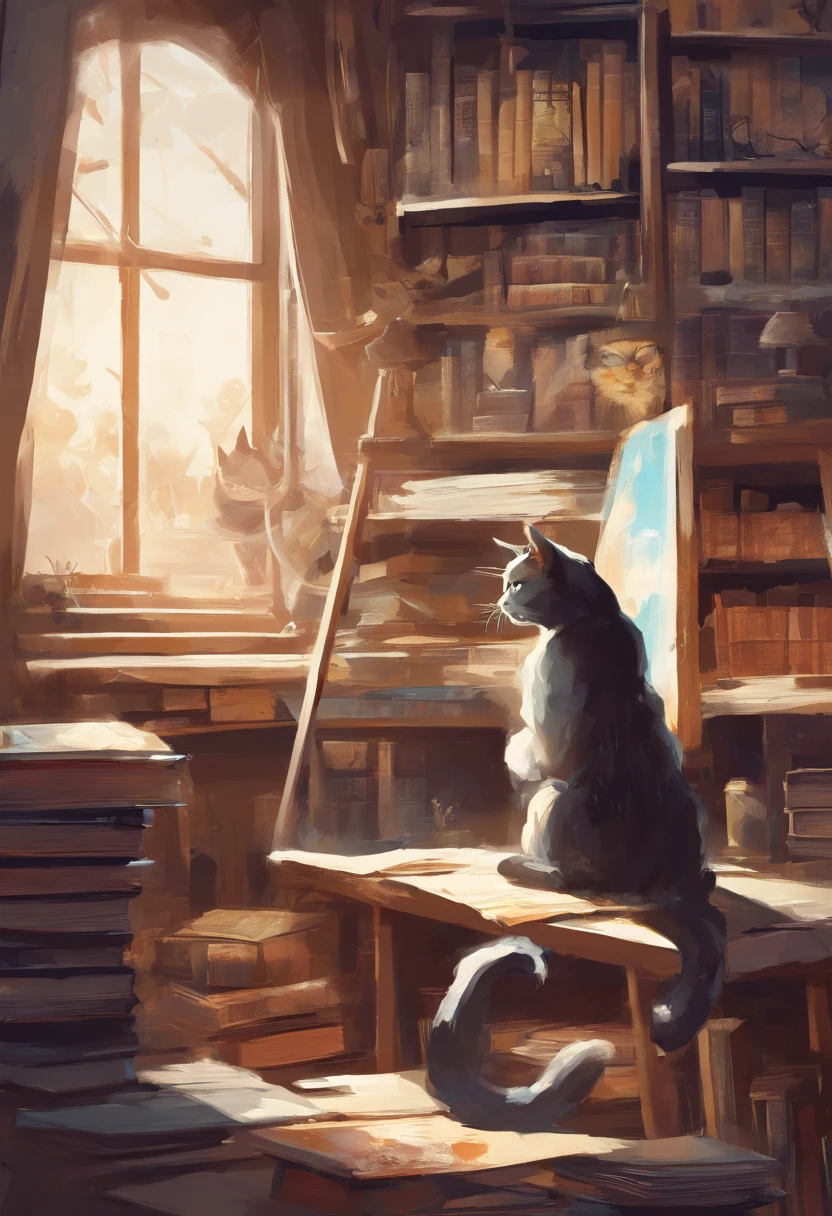 Two cats in the studio of painting and books