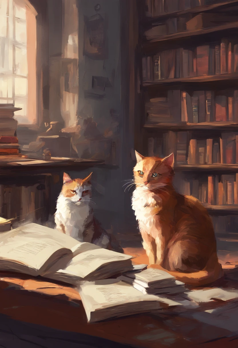 Two cats in the studio of painting and books