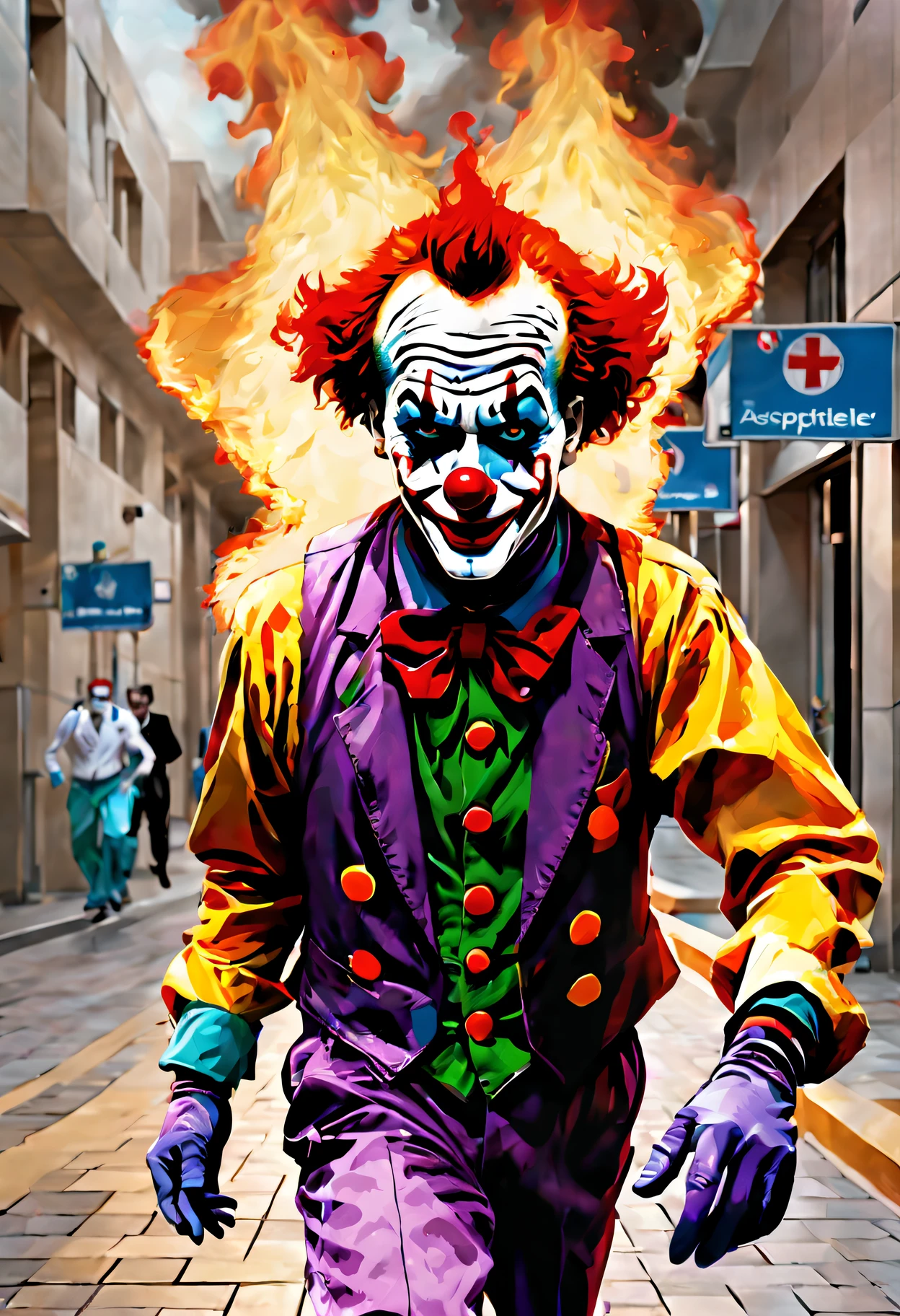 ("hospitals" Theme:1.5), (jocker:1.5), (jocker :1.5), (Burning clowns:1.5), (Thriller expression:1.3), (Realistic characters:1.3), (Run:1.5), (pavements:1.5),