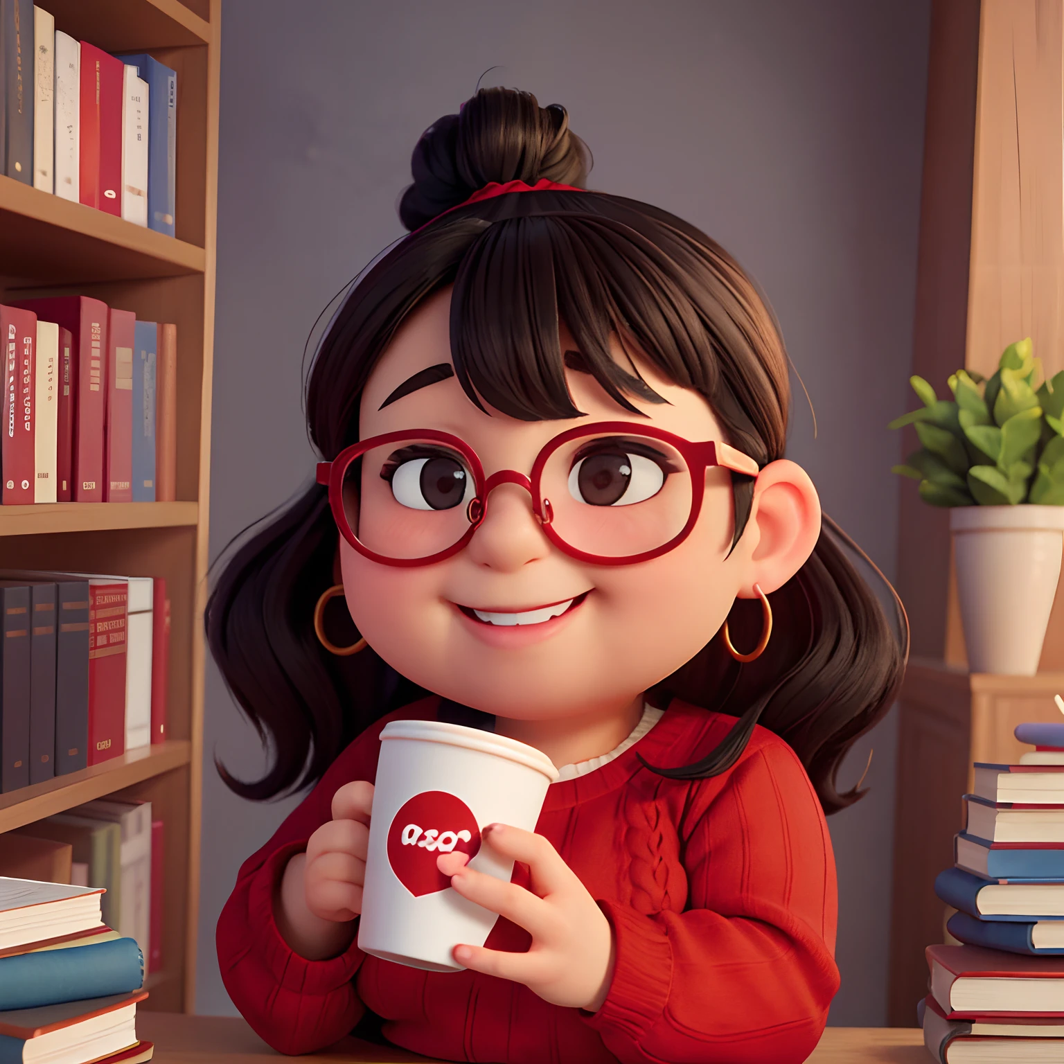 A 35 year old, fat woman. Round face. Small nose. Wider lips. Black, wavy, long hair without bangs. Hair tied up. Dark brown eyes. Red square glasses. With earring. With a very happy smile. Black pants, red knitted blouse. With library image background. With books beside. Holding a cup in his left hand.