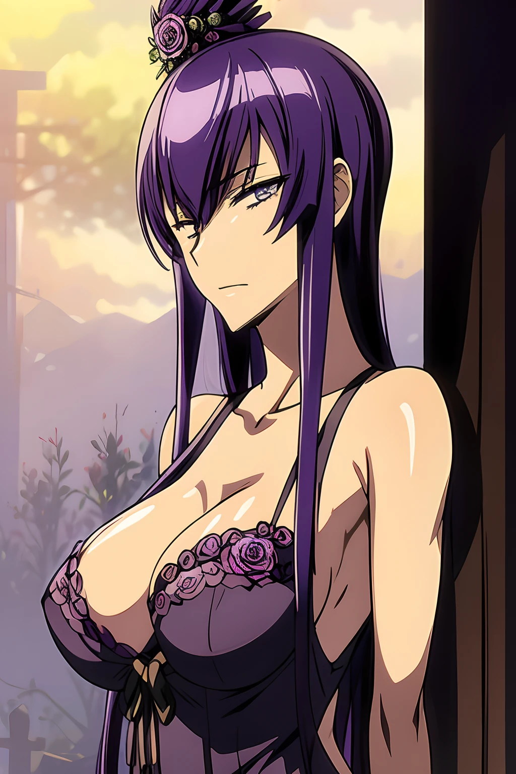 Saeko Busujima vestida con un vestido morado y un sombrero morado, la catrina, dia de los muertos!!, Fan art vibrante, el dia los muertos!, Chica bruja mecanizada, dia de muertos, ( dia de los muertos ), (dia de los muertos)