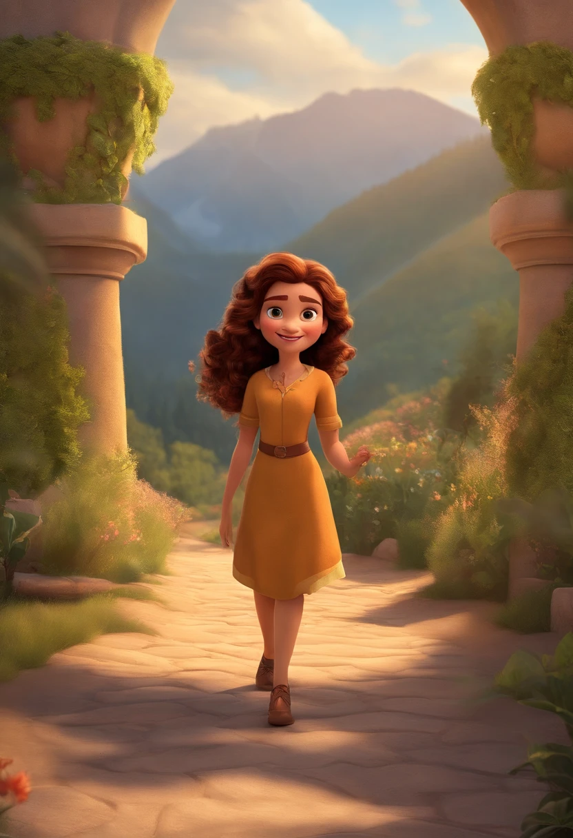 Image of a manina for a story in a YouTube video in Pixar format, she's wee Kelly, She's the leader of the class, She's outgoing, Brincalhonae levanta-se para um monte de coisas, cabelo cacheados ondulados penteado para um dos lados