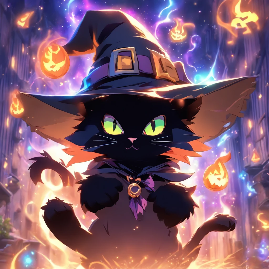 a super cute black cat with a witch hat trying to do spells, magical, MASTERPIECE.