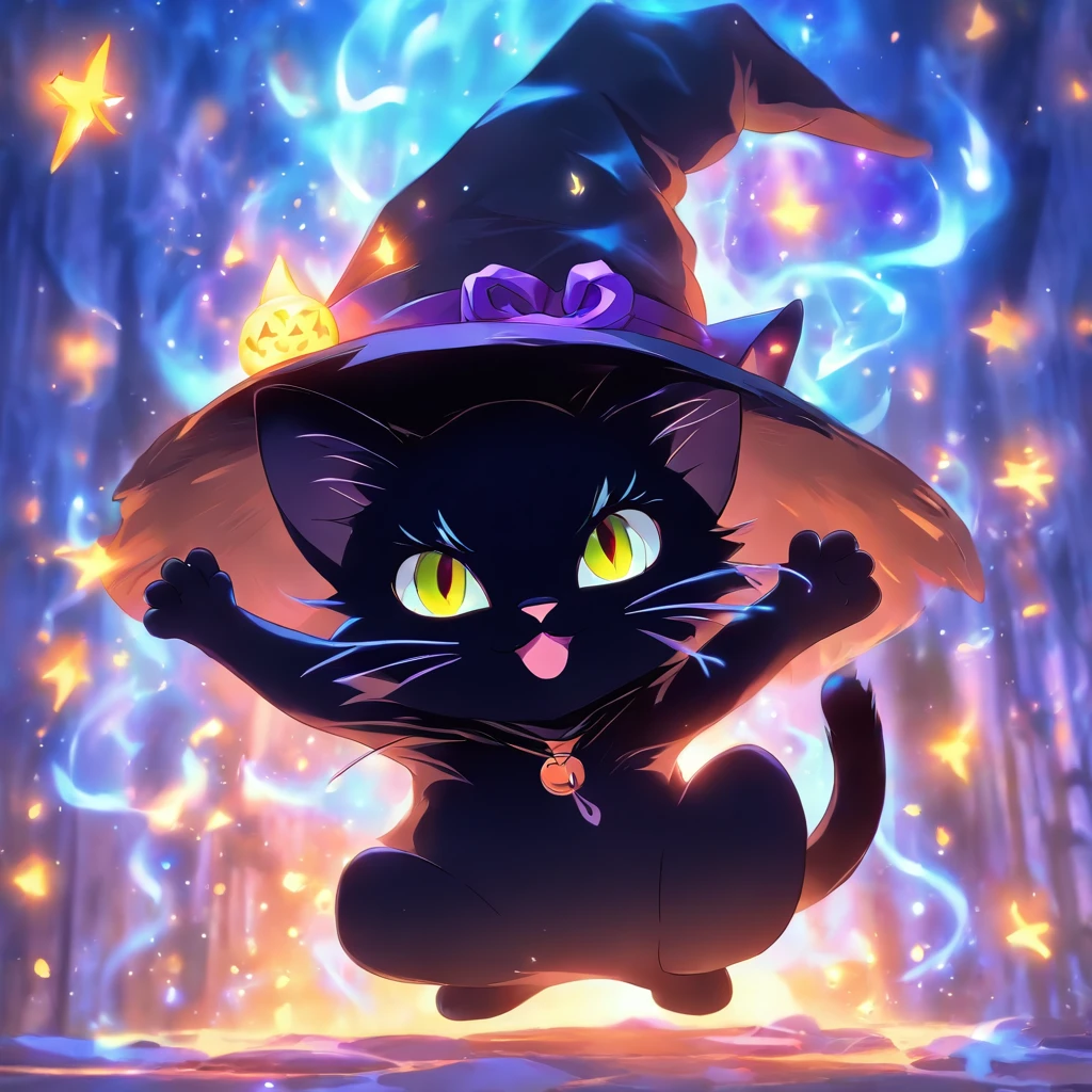 a super cute black cat with a witch hat trying to do spells, magical, MASTERPIECE.
