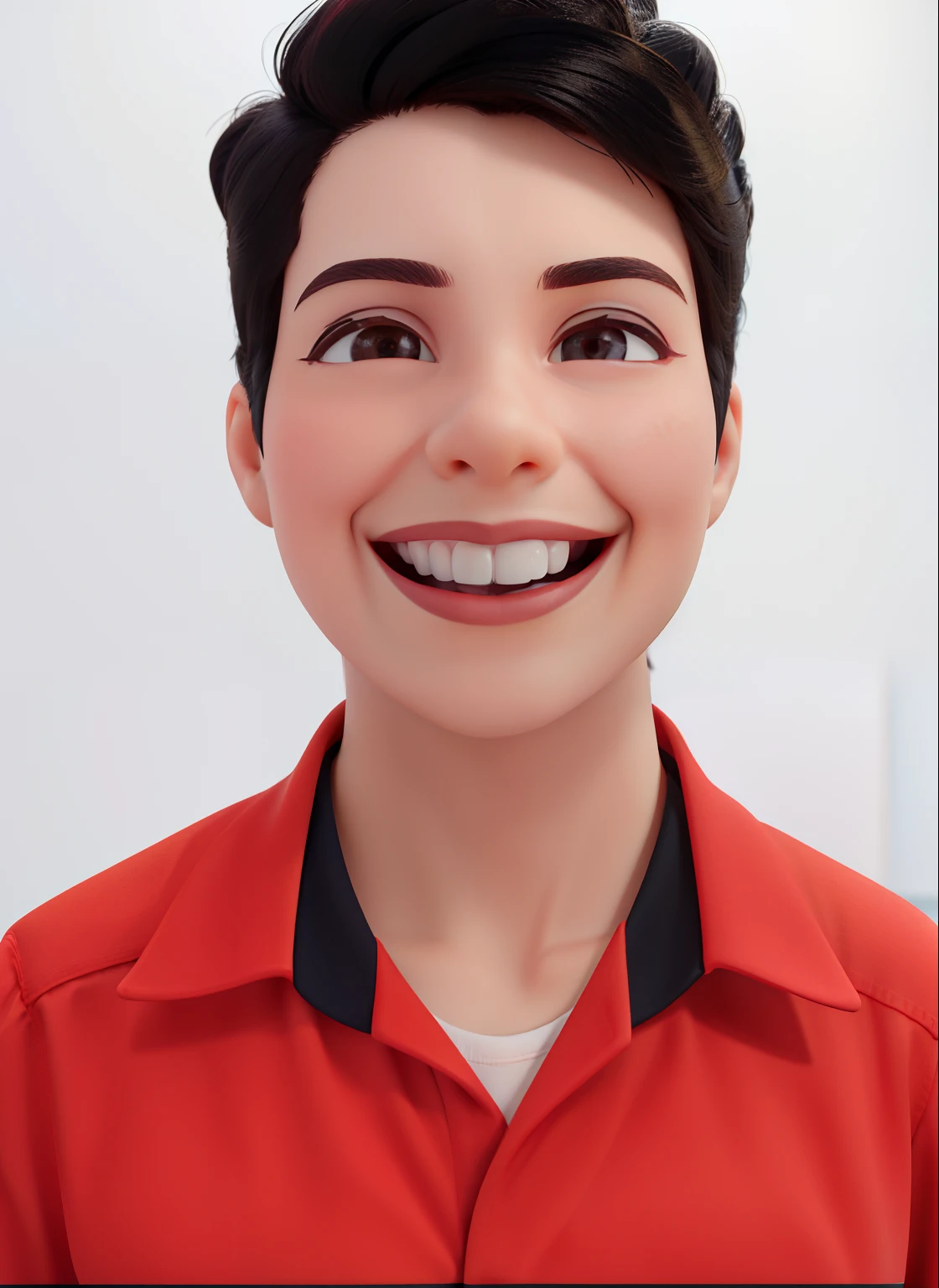 Imagens da Pixar de um rapaz de 25 anos cabelo escuro preto sorriso grande ,camisa vermelha cabelo bem ajustado pele clara , heaven, sorriso, solo, sol, raio de sol, luz solar, price