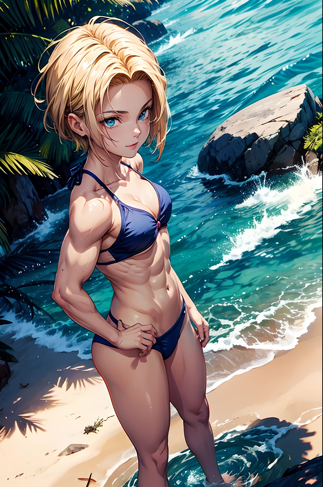 detailed eyes, detailed lips, dreamy eyes, long eyelashes, smiling face, expressive eyes, natural beauty, charming human features, genuine smile, intricate eye makeup, radiant eyes, rosy cheeks, delicate lips, blue eyes, medium to large breasts, ( ((muscular legs))), (((wearing a very short bikini))), Muscular belly, barefoot, standing, on the beach, hot sun, (full body photo), Android 18 from Dragon Ball Super, short hair shoulder length, length, eye reflection, blonde hair, high detail, anime, minimalism, anime style, chiaroscuro, glow, jpeg artifacts, bright light, divine rays, ray tracing, reflection light, backlight, Sony FE, panorama, UHD, UHD, masterpiece, accurate, anatomically correct, textured skin, super details, high quality, high resolution, 16k, small heart tattoo on chest