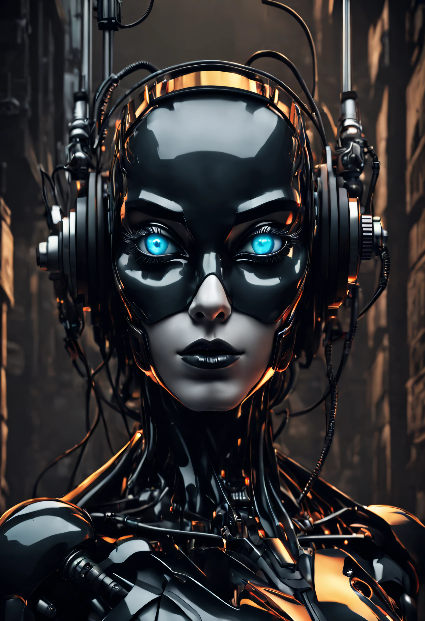 Depict face emerging from the shadows, creates an atmosphere of fear and unease perfect shading, poster art, bold text, magazine cover, poster art, robot girl, hint of vibrant creates an atmosphere of fear and unease, android eyes