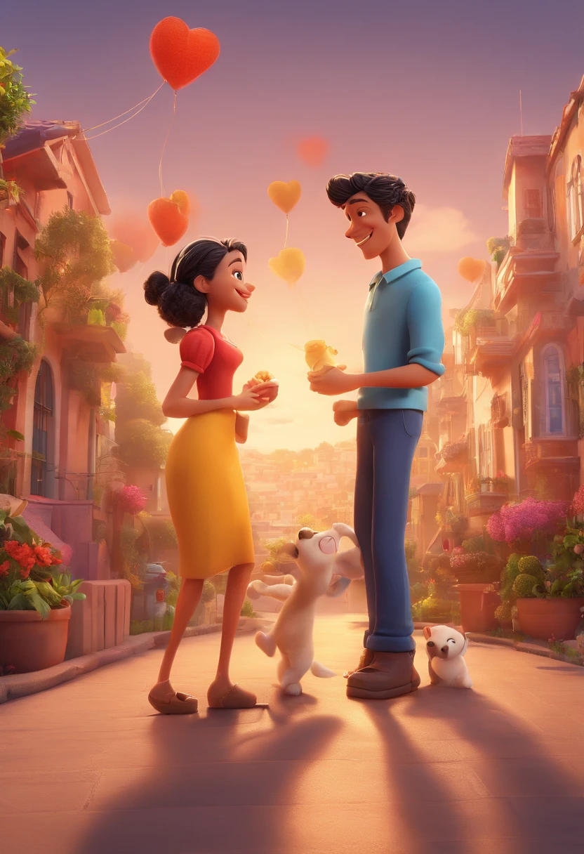 An illustration of an adorable couple, destacando um homem e uma mulher com bonito, Expressive eyes – the man's skin is black and the man's hair is bald and black, while the woman's skin is black and the woman's hair is curly and brown. They are a bright room, cada um com um sorriso no rosto, e compartilhar um momento especial caracterizado pelo amor, arroz, e insights educacionais. Illustrate this scene from a perspective where they are facing away from the camera, Showing Your Connection. Desenvolva esta arte em Full HD, Focus on your cinematic touch, Estilo Disney Pixar Animations