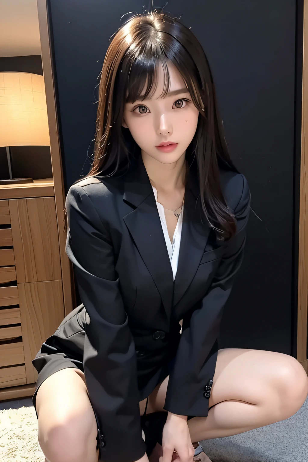 1 girl in、(Watch Viewer)、(bokeh dof)、cparted lips、deadpan、realisitic、Black Tight Mini Skirt、
Business suits、OL、skinny thigh、small ass、beautiful legs、delicate、Japan fashion models、Pale face、
top-quality、(Photorealsitic)、超A high resolution、Big miniskirt、Woman in black suit and tie、Suit Girl、Wearing strict business suits、Wearing a black business suit、Japan Female Fashion Model、Fashion Suit Wear Black Suit Wear Black Noble Suit、Wearing a business suit、Black Slim Clothes、 Woman with very large breasts posing for photo、the face of a beautiful Japanese girl、asian beautiful face、Young cute one Asian face、beautifull asian girl ever、Cute little face of a girl、beautiful young woman with、Facial features of Japan、Young adorable Korean face、Gorgeous young woman、Young Asian Girl、Beautuful Women、beautiful young asian woman、Standing facing forward、 Composition visible from the top of the knee to the head、Knees are visible、Camera gaze、is standing、FULL BODYSHOT、hyper realisitic、Front shot full body、Bare legged、(LoRA applied only to the face、Raw feet)