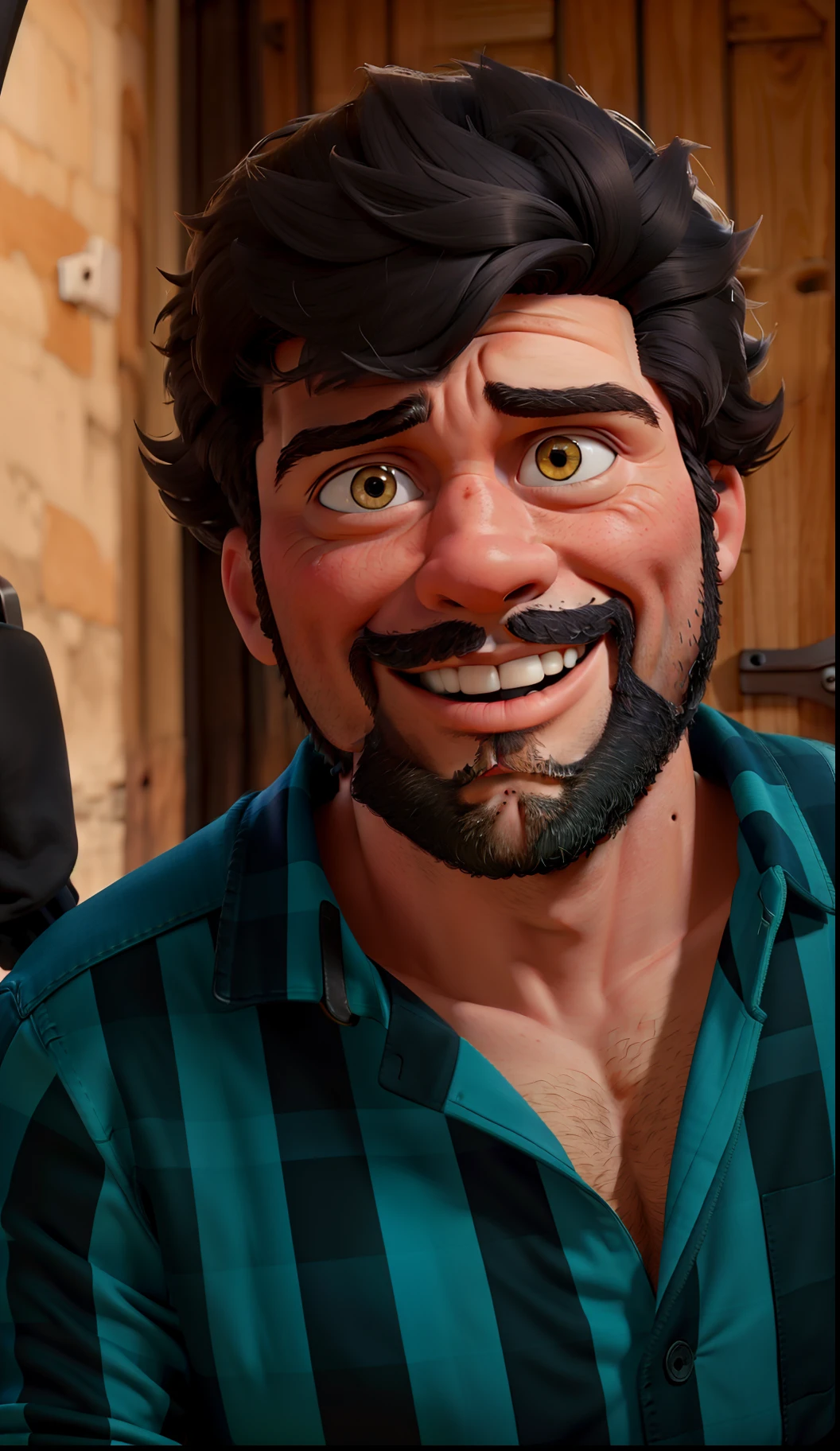 master part, best quality, um velho com barba branca e longos cabelos castanhos, vestindo uma jaqueta de couro e jeans preto, ao lado de sua motocicleta