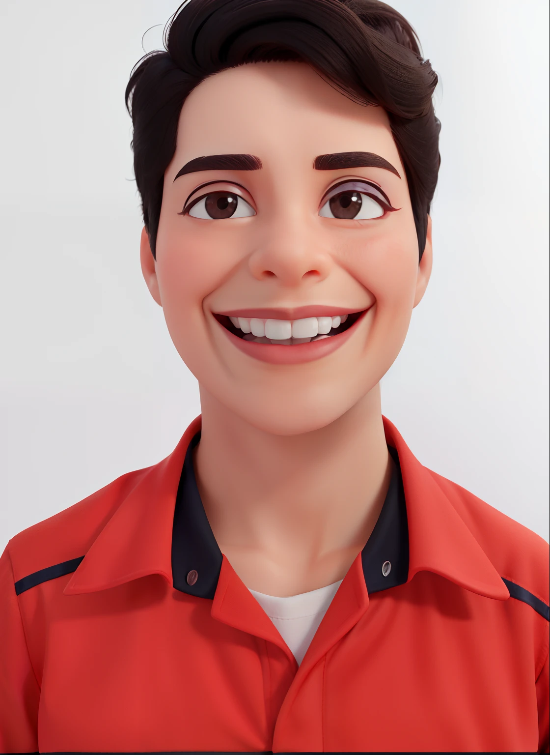 Imagens da Pixar de um rapaz de 25 anos cabelo escuro preto sorriso grande ,camisa vermelha  cabelo bem ajustado pele clara , sorrindo nada muito falso rosto fino