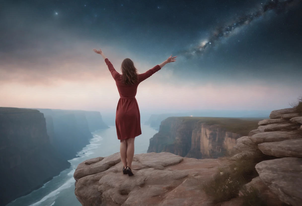 ((Masterpiece)) ((best quality:1.4)), woman standing on the edge of a cliff reaching out for the stars, levitation, air walking, UnrealisticDream, BadDream
