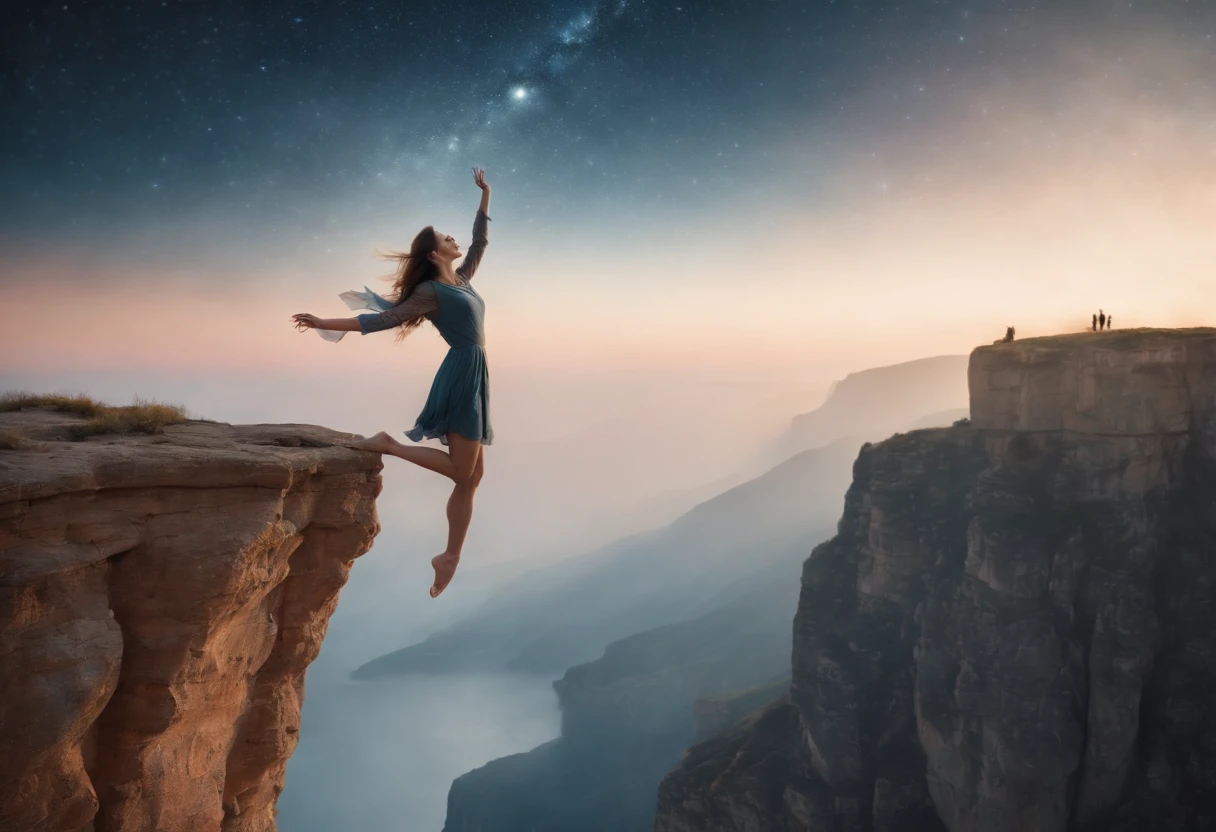 ((Masterpiece)) ((best quality:1.4)), woman standing on the edge of a cliff reaching out for the stars, levitation, air walking, UnrealisticDream, BadDream