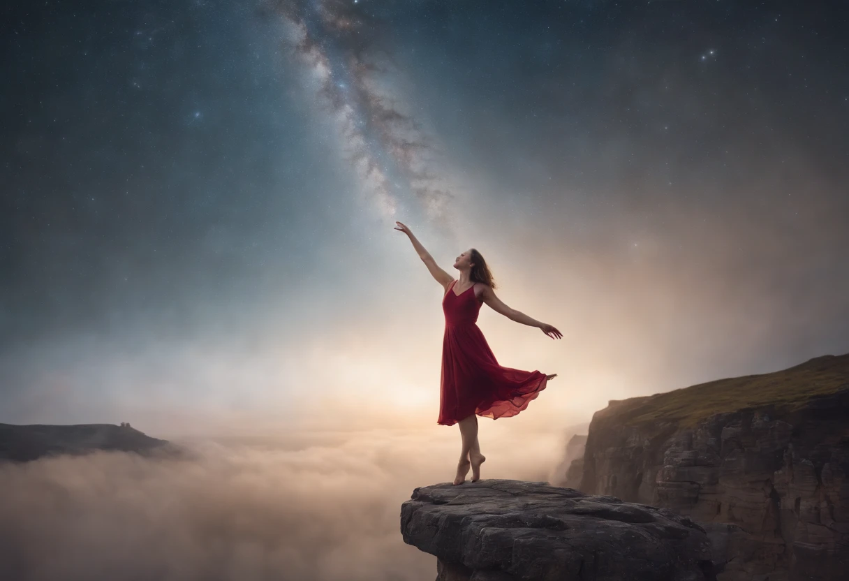 a picture、(Photorealsitic:1.4)、(hyper realisitic:1.4)、(Cinematic:1.5)、Woman flying in the sky with open arms、(full bodyesbian:1.5)、long hair flowing with the wind、Simple black dress、Spreading skirt、Black shoes、straighten your legs、silhuette、blue back,