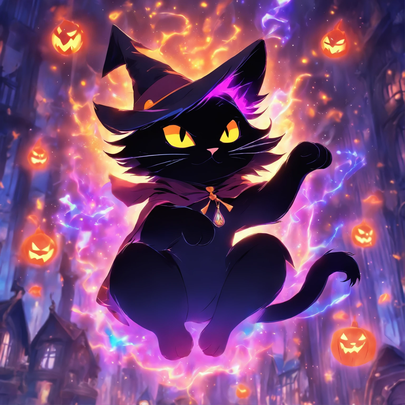 a super cute black cat with a witch hat trying to do spells, magical, MASTERPIECE.