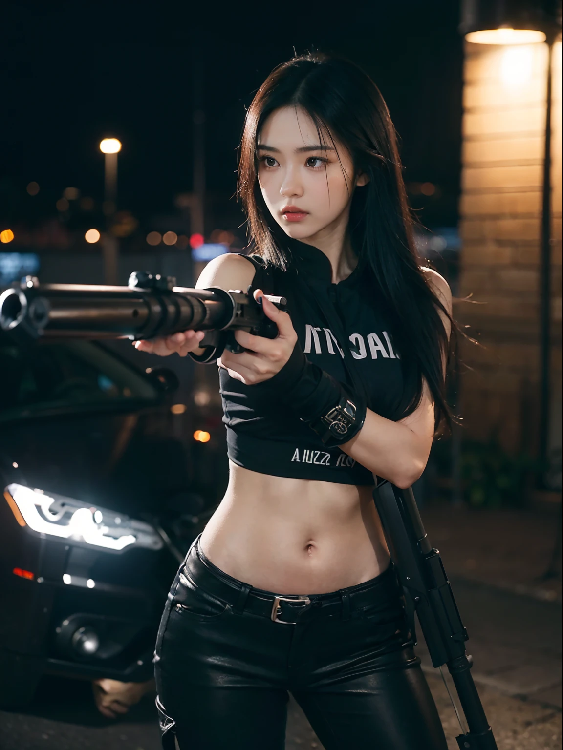 (One Person:1.6), Ultra Realistic Image of a 25 years old Female Assassin with straight Black Hair, (Holding a Rifle in Aiming Position:1.6), (Wearing Black Bikini and Black Pants), Riding a motorcycle, Detailed City Road at Night, Dynamic Angle, View From Front, Insane Details, Intricate Scene Details, Cinematic Shot and Lighting, Bokeh Effect, Vibrant and Realistic Colors, Masterpiece, Sharp Focus, Ultra Detailed, Taken with DSLR Camera, Realistic Photography, Depth of Field, Incredibly Realistic Environment and Scene, Master Composition and Cinematography