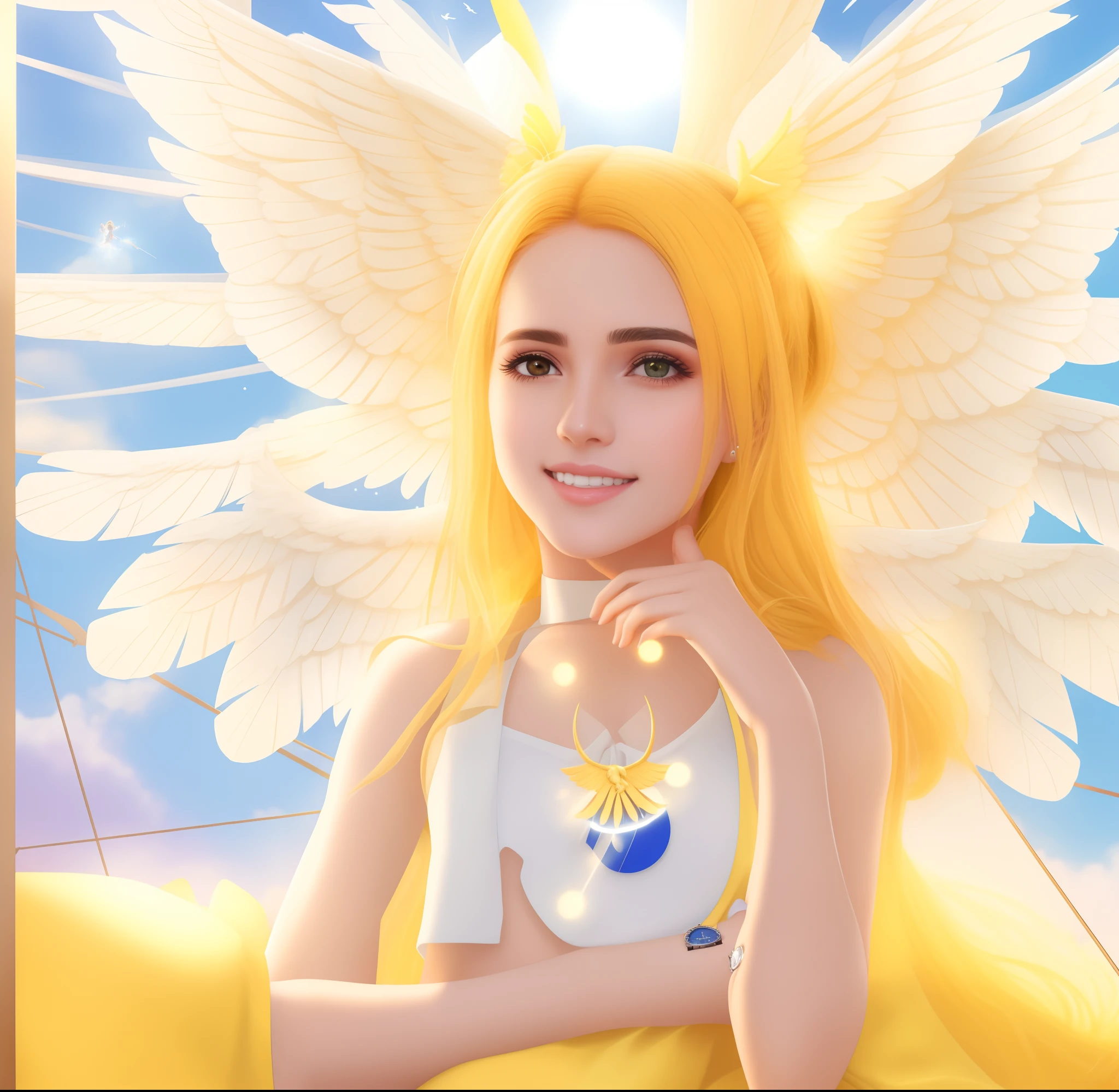 Girl in a yellow top holding a watch with wings on it, com asas de anjo, mateus 9 5, de uma meninabonita, background is celestial, a stunning young ethereal figure, ela tem cerca de 1 6 anos de idade, menina do anande obra-prima, Asas angelicais nas costas, com asas reais, Valentina Embaralhamento