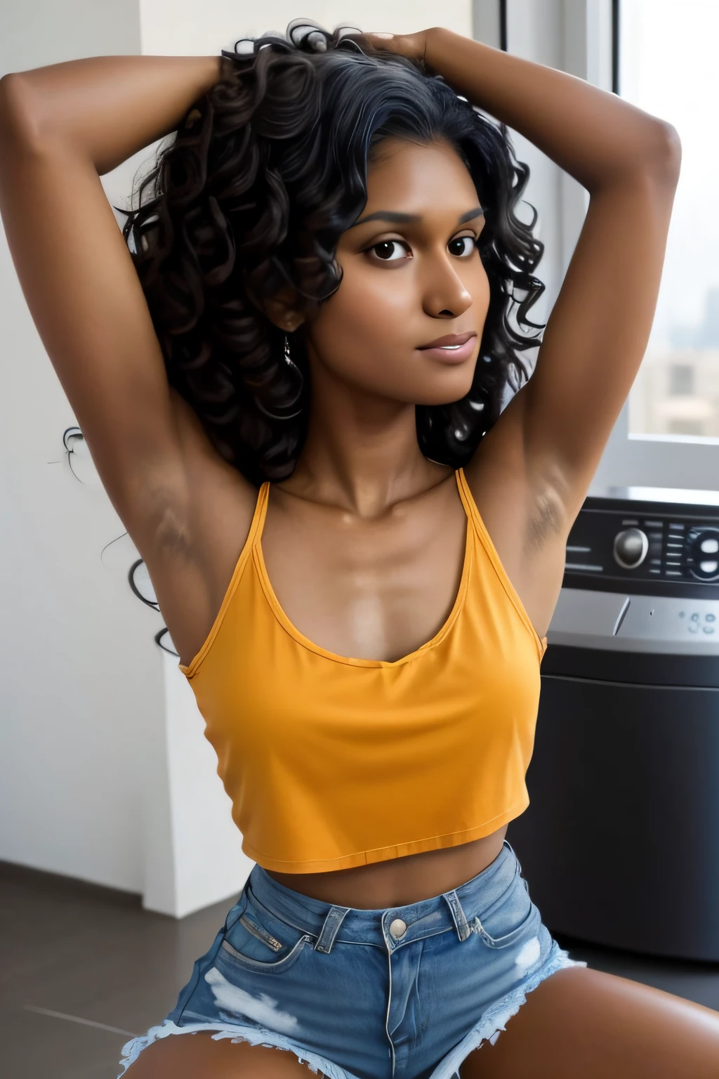 ((The blackest skin、Armpit、shiny blackest skin!、 Black armpits、Pitch black skin like a black man！、Pitch black armpit skin!、Realistic armpit wrinkles、Glossy armpits、improve the appearance of armpits、Armpit、Take a pose with armpits visible、Full body close-up、Detailed black shiny armpits、Realistic black shiny armpits、Sweaty and glowing body、Detailed armpit wrinkles、full of sweat、Black detailed black armpits、Very black skin color、Caucasian and half-very dark-skinned woman、Black skin beauty、Black skin、Glossy armpits、Stand in the woods and show your armpits、Dark-skinned woman in black strapless bra,  Smiling))、(Short hairstyle、Caucasian and very black dark-skinned woman、8K、Caucasians with very dark skin）、Underwear models,, Black strapless bra、Black panthee、, 15yo student、Women with the darkest skin))、Photorealistic perfect body、Armpit pose is standing normally、closeup picture, Best Quality, Armpits, Arms up, White bra、 at a forest、short-haired、Realistic, 8K、Glossy armpits、glowy skin