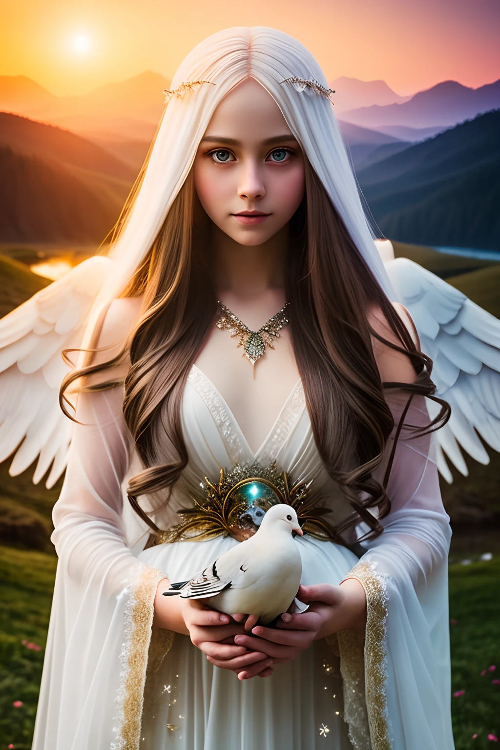 Stunning sunset landscape, a beautiful girl long flowing hair, holding a white dove, symmetrical face, symmetrical eyes, looks at the camera, mystical magical fantasy enchanted ethereal, cinematic shot, cinematic scene, stunning, breathtaking, a sense of magic in the air, magical fantasy, diffused lighting